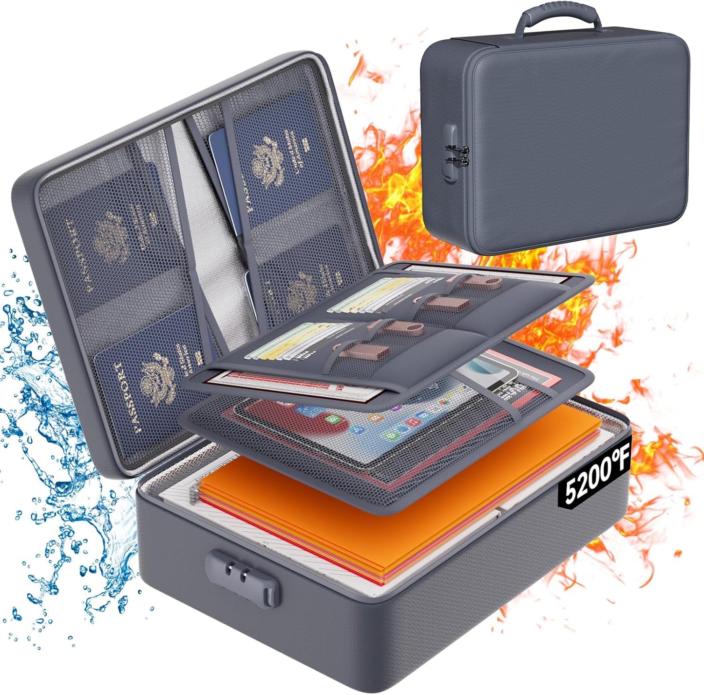 DocSafe 5200°F Document Organizer with Lock,Upgraded Heat Insulated Fireproof&Waterproof Box 8 Layers File Organizer,Portable Home Travel Safe Storage for Important Documents, Files,Gray (Soft)