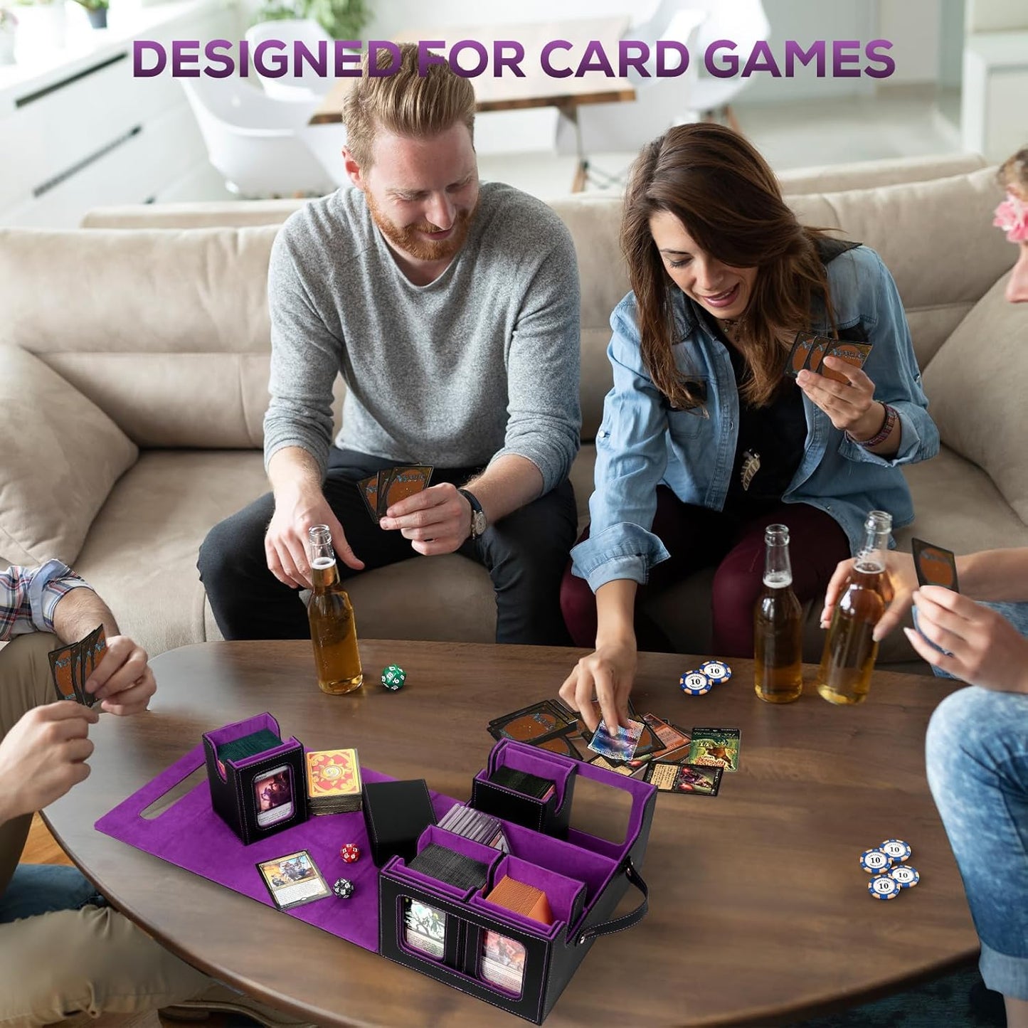 Trading Card Storage Box for MTG, card storage box with Commander Display,Multi-purpose Deck Case for MTG TCG Sports Card, 4 Toploaders, 4 Stoppers, 4 Colorful Dividers (Black & Purple)