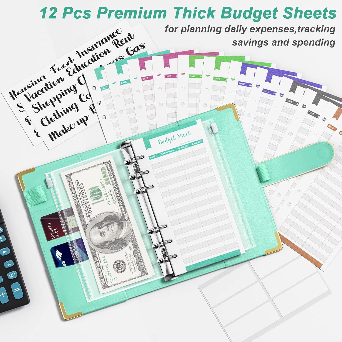 Rnivvi Budget Binder with Zipper Envelopes, A6 Money Saving Binder Cash Envelopes for Budgeting, PU Leather Planner Money Organizer for Cash Bills, Cute Floral System Wallet for Women, Blue Flower