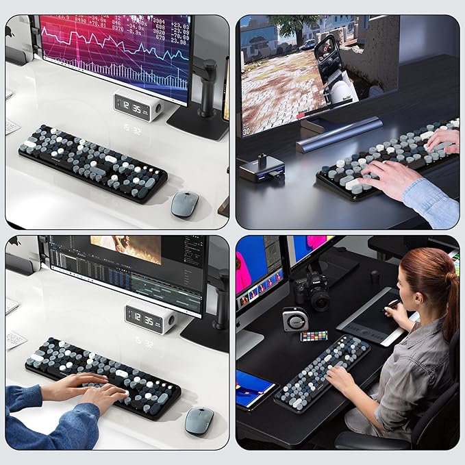 FOPETT Wireless Keyboard and Mouse Combo, 105 Keys Full-Sized 2.4 GHz Round Keycap Colorful Keyboards, USB Receiver Plug and Play, for Windows, Mac, PC, Laptop, Desktop (Grey Colorful)