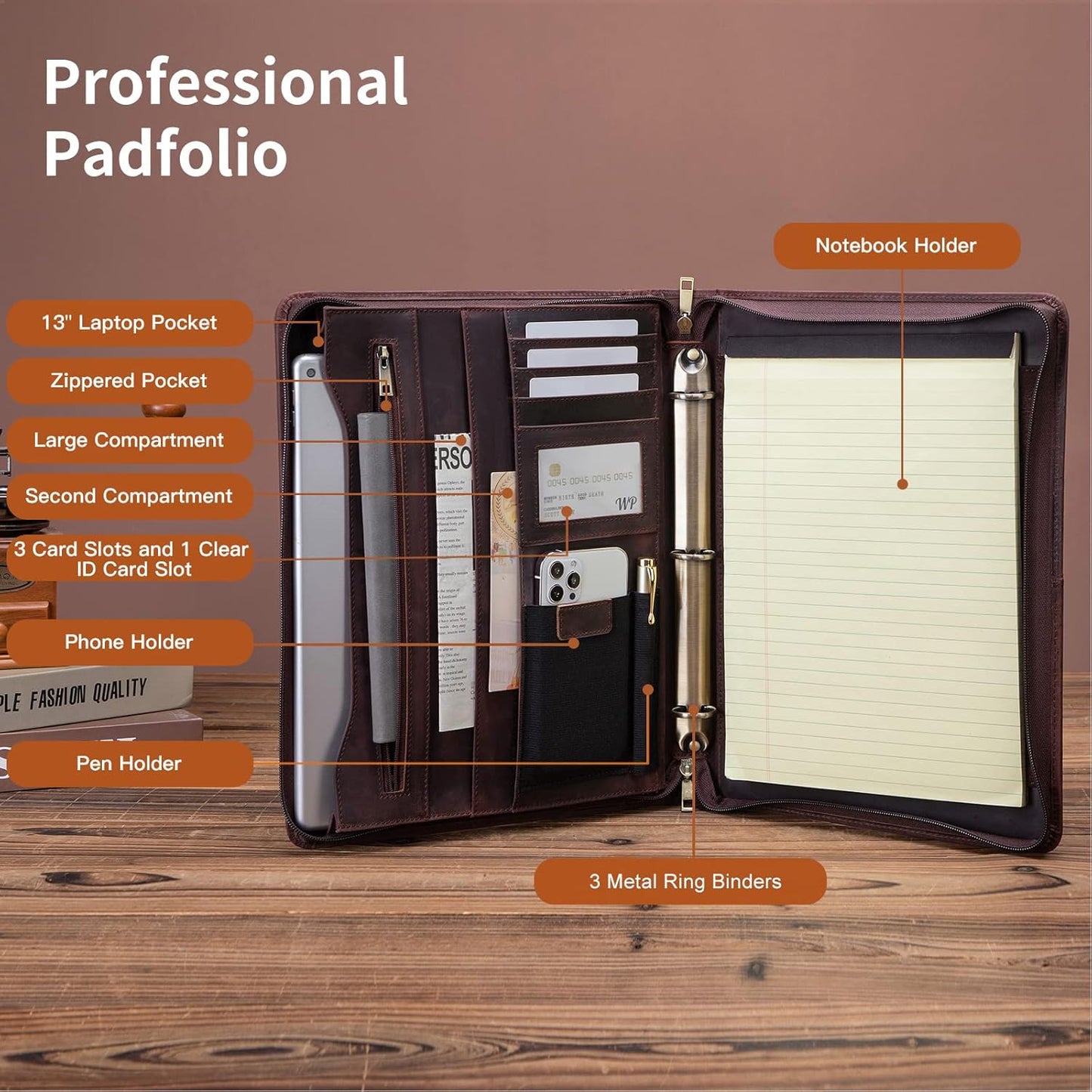 Personalized Genuine Leather Portfolio with 3 Ring Binder, Full Grain Leather Padfolio Zippered, A4 Notebook Holder Customized Professional Folder Organizer Gift for Men and Women, Dark Brown
