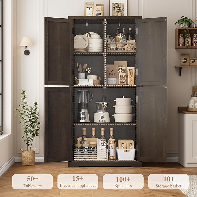 HOSTACK 64" Tall Pantry Cabinet, Modern Farmhouse Kitchen Pantry, Wood Bathroom Storage Cabinet, Large Bookcase, 4 Doors|Adjustable Shelves, for Dining Room, Living Room, Home Office, Dark Brown