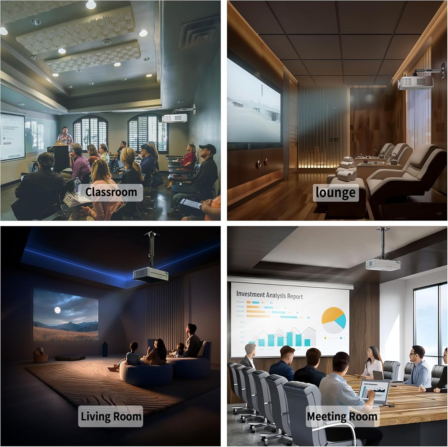 Projector Mount Wall with Multi-Hole Design, Adjustable Universal Projector Ceiling Mount for Home Theater, Office, Classroom, Heavy Duty Aluminum Projector Stand, Load 55 lbs - Black