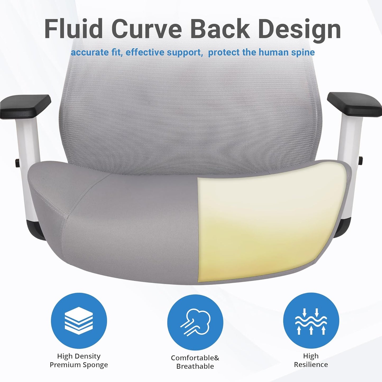HYLONE Office Chair, 5" Thickened Seat Ergonomic Desk Chair with Adjustable Armrests, Home Office Computer Chairs for Long Hours Mesh Executive Chair(White Base&Grey)