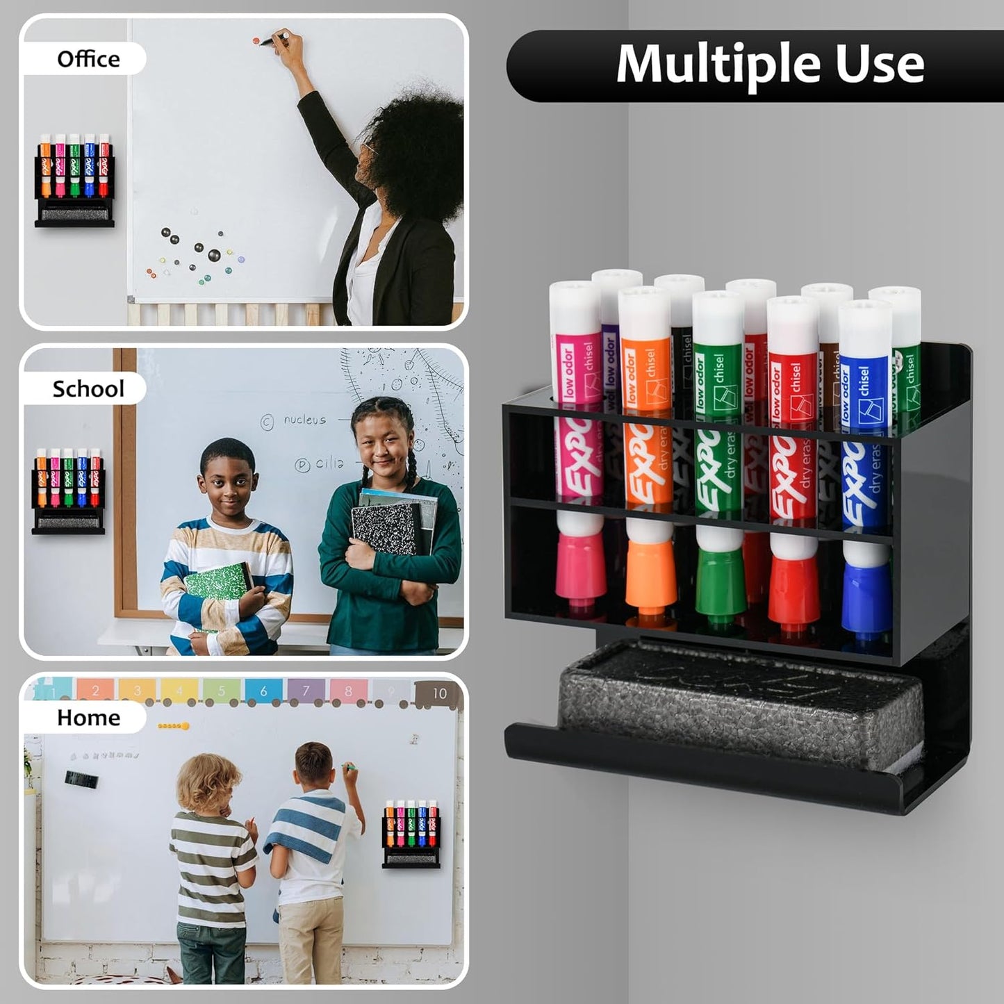 Dry Erase Marker Holder, 2 PCS Wall Mounted Acrylic Marker Holder with 10 Slots, Sticky Pen Storage for Classroom Organization, Whiteboard, Office, Black