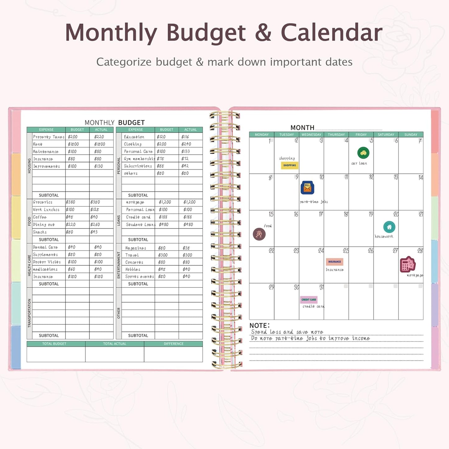 Ospelelf Budget Planner - Monthly Budget Book with Expense Tracker Notebook, Undated 12 Month Bill Organizer & Finance Planner, A4 Account Book with 12 Index Pockets, Zipper Pouch, Stickers(Pink)