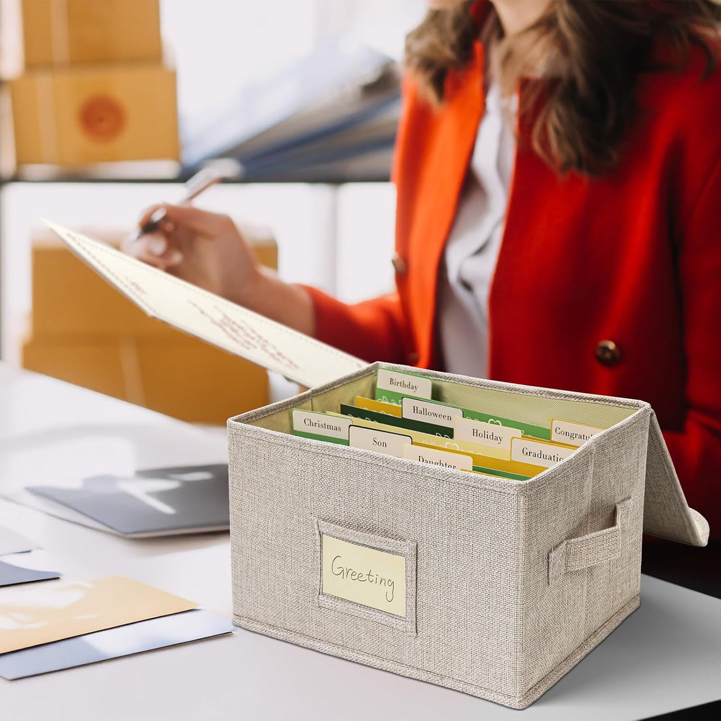 Vienrose Greeting Card Organizer Storage Box with 20 Removable Dividers, 84 Self-stick Labels, Perfect for Photos, Envelopes, Scrapbooking, Paper, Stickers Holder 2 Pack Beige