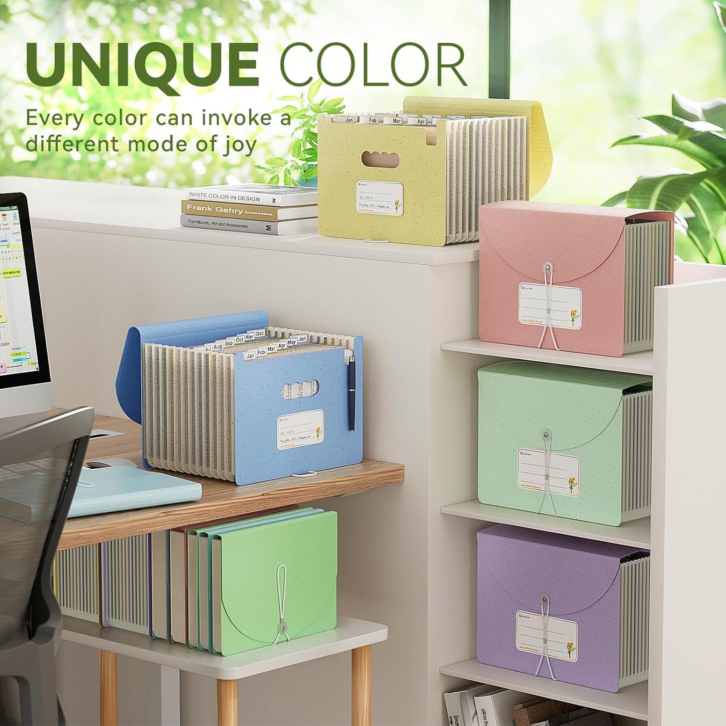 Accordion File Organizer, 12 Pockets Wheat Straw Expanding File Folder, Portable Monthly Paper Bill Tax Receipt Organizer, Letter A4 Size Document Holder,Green Office with Colorful Tab,UN Blue