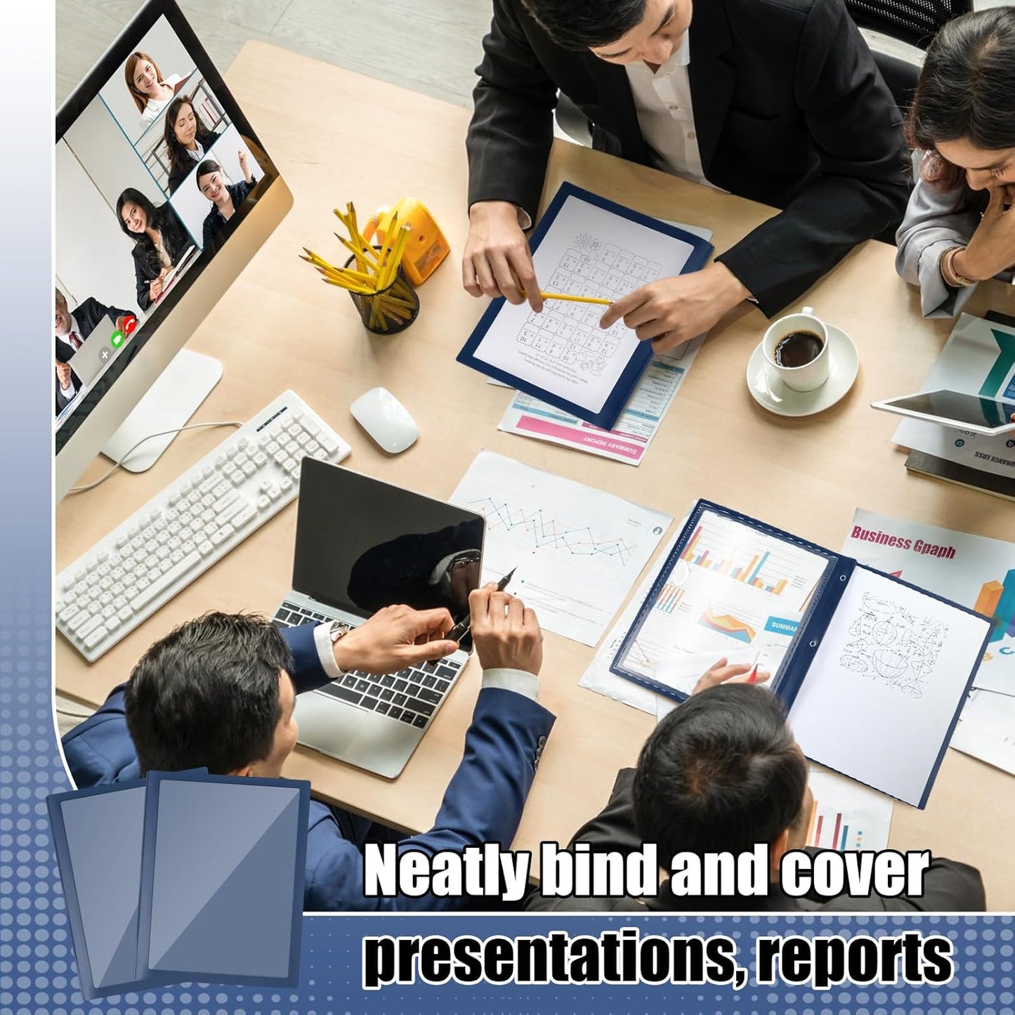 Teling 36 Pcs Report Covers with 3 Prong Fasteners Clear Front Presentation Folders Frame View Poly Report Folder Presentation Binder for Paper Document School Office (Navy Blue)