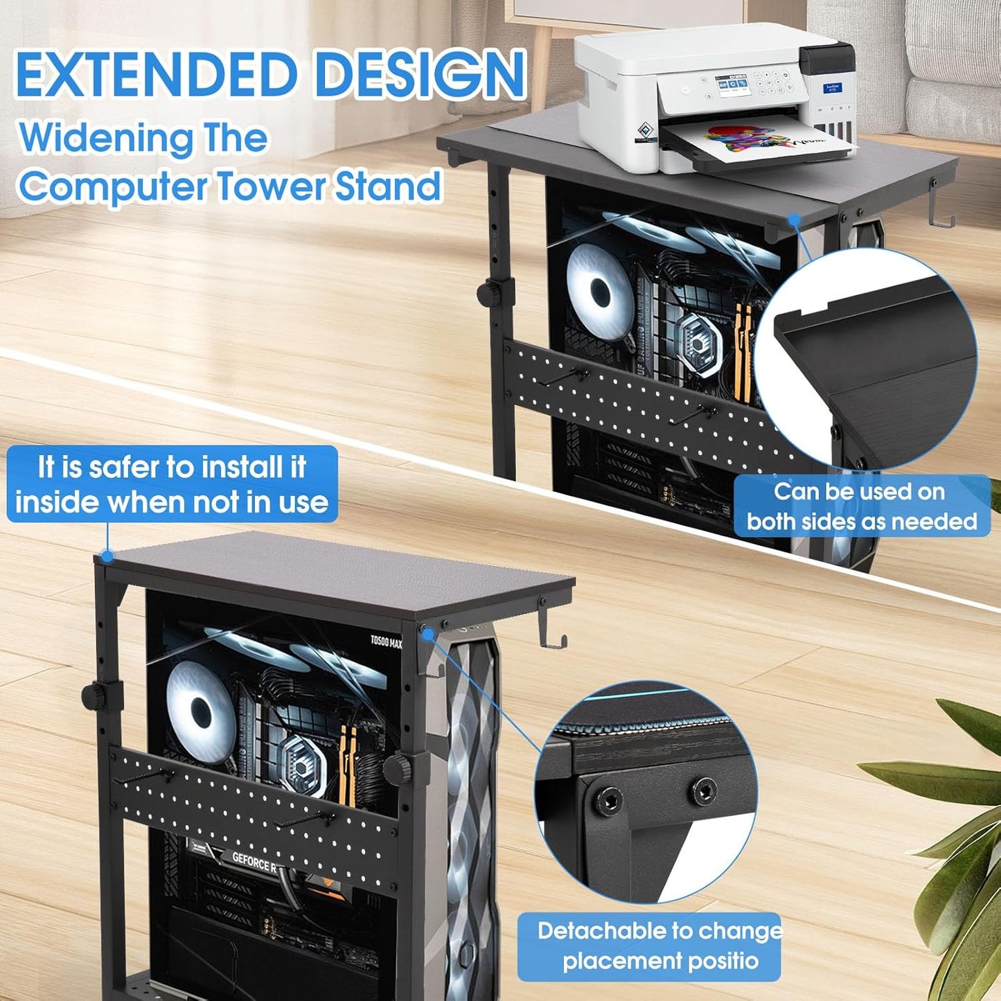 KEBE Wider Tower Stand, Height Adjustable Computer Tower for Gaming Home Office, 2-Tier PC Stand Printer Rack ATX-Case CPU Holder Cart with Wheels & Mouse Pad, Black