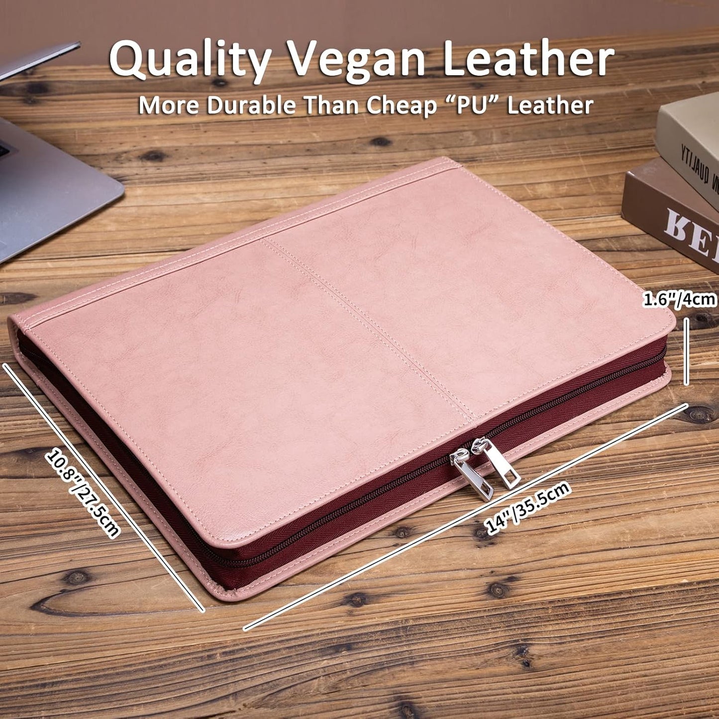 Personalized Leather Portfolio with 3 Ring Binder, Vegan Leather Padfolio Zippered, A4 Notebook Holder Customized Business Folder Organizer Gift for Women, Pink