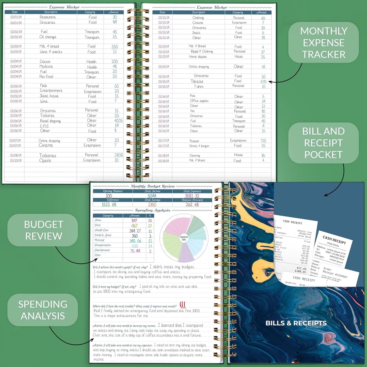GoGirl Budget Planner & Monthly Bill Organizer – Monthly Financial Book with Pockets. Expense Tracker Notebook Journal, Large (Dark Green)