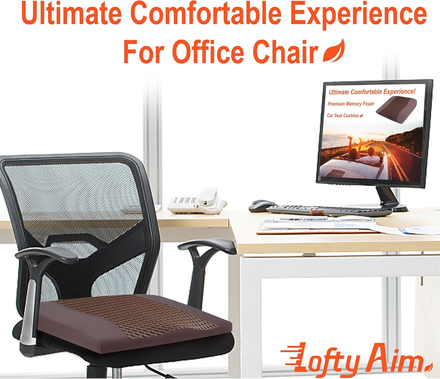 Car Seat Cushion, Comfort Memory Foam Car Cushions for Driving - Sciatica & Lower Back Pain Relief, Driver Seat Pillow for Auto, Office Chair, Wheelchair - 4D Mesh Brown