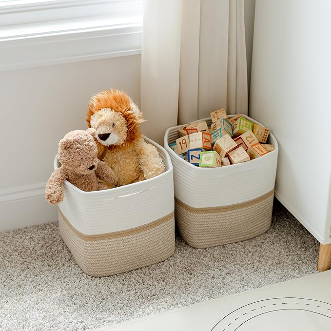 NaturalCozy Storage Cubes 11 Inch Cotton Rope Woven Baskets for Organizing, 3-Pack | Cube Storage Bin | Square Storage Baskets for Shelves Organizer, Classroom, Kids Toy Bins, Closet, Baby Nursery