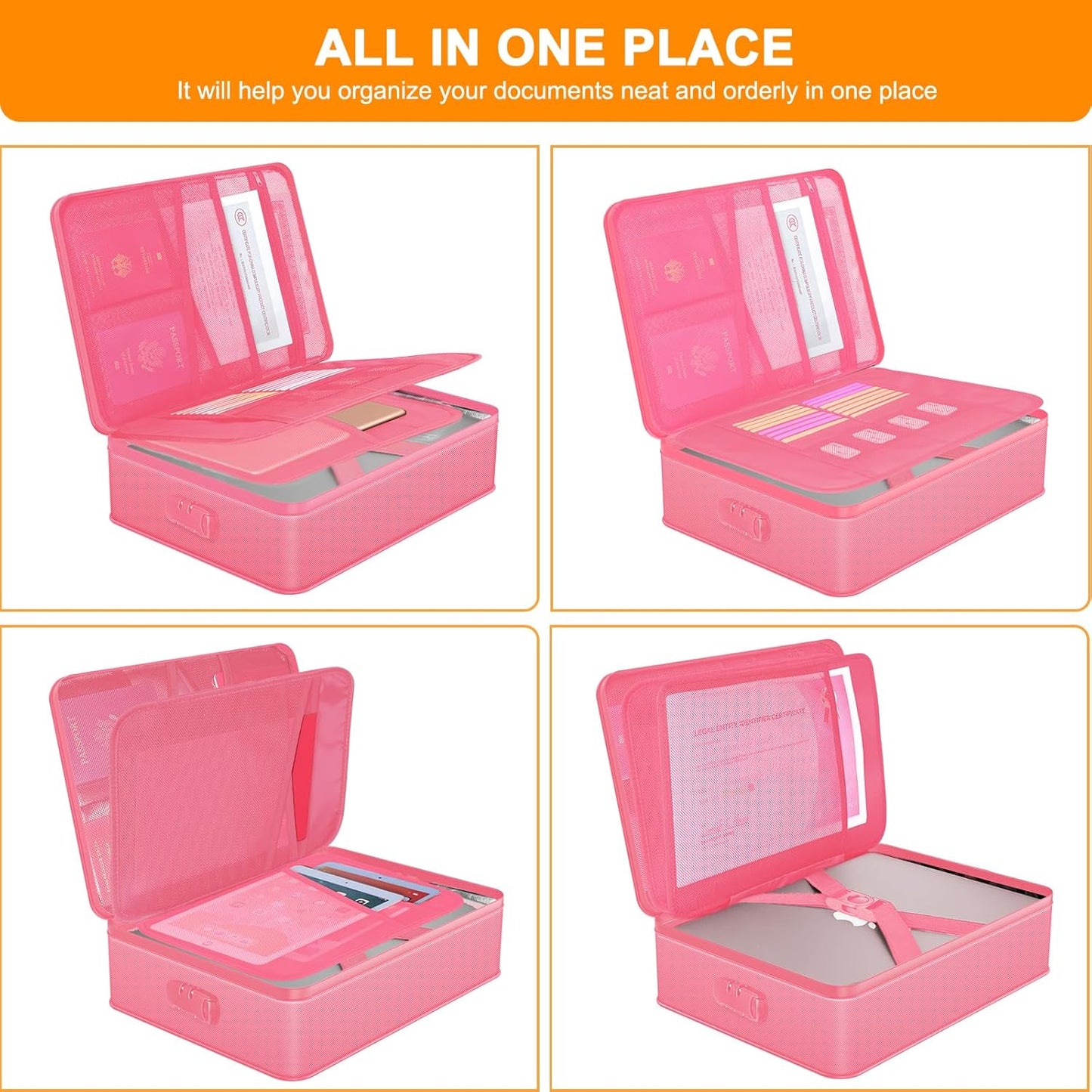 Document Organizer with 5200℉ Heat Insulated, 16.1"x11.4"x4.3" Waterproof and Fireproof Document Box with Lock, Home Strong Fireproof Safe Storage Box for Legal Size Documents and File,Pink