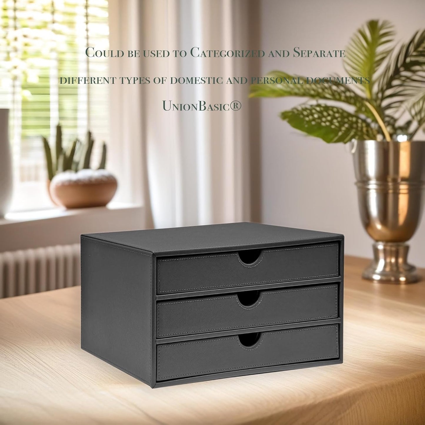 UnionBasic Document Organizer, 3-Drawer File Cabinet Document Storage Box, Office Desktop Filing Organizer, Elegent Grey