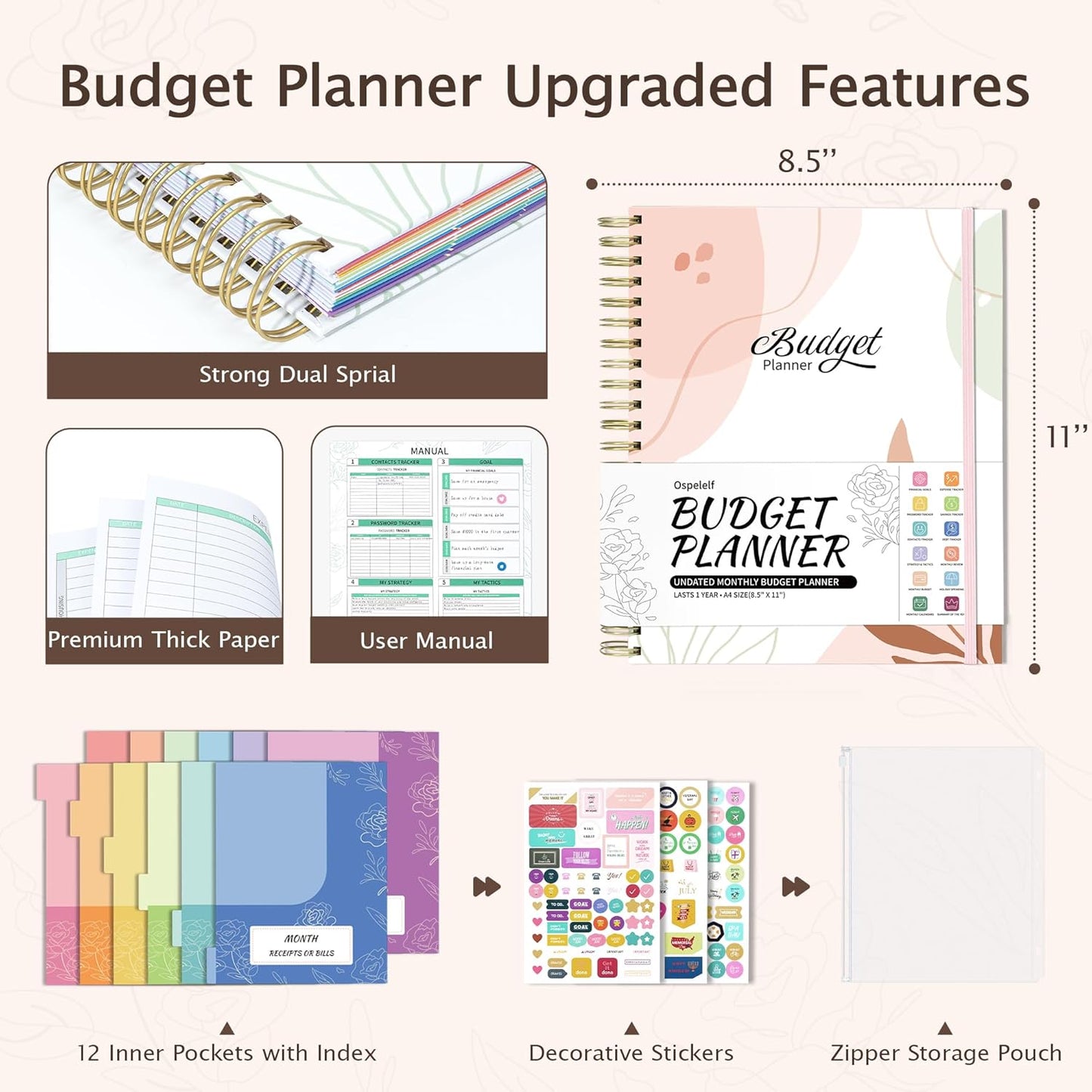 Ospelelf Budget Planner - Monthly Budget Book with Expense Tracker Notebook, Undated 12 Month Bill Organizer & Finance Planner, A4 Account Book with 12 Index Pockets, Zipper Pouch, Stickers(Brown)