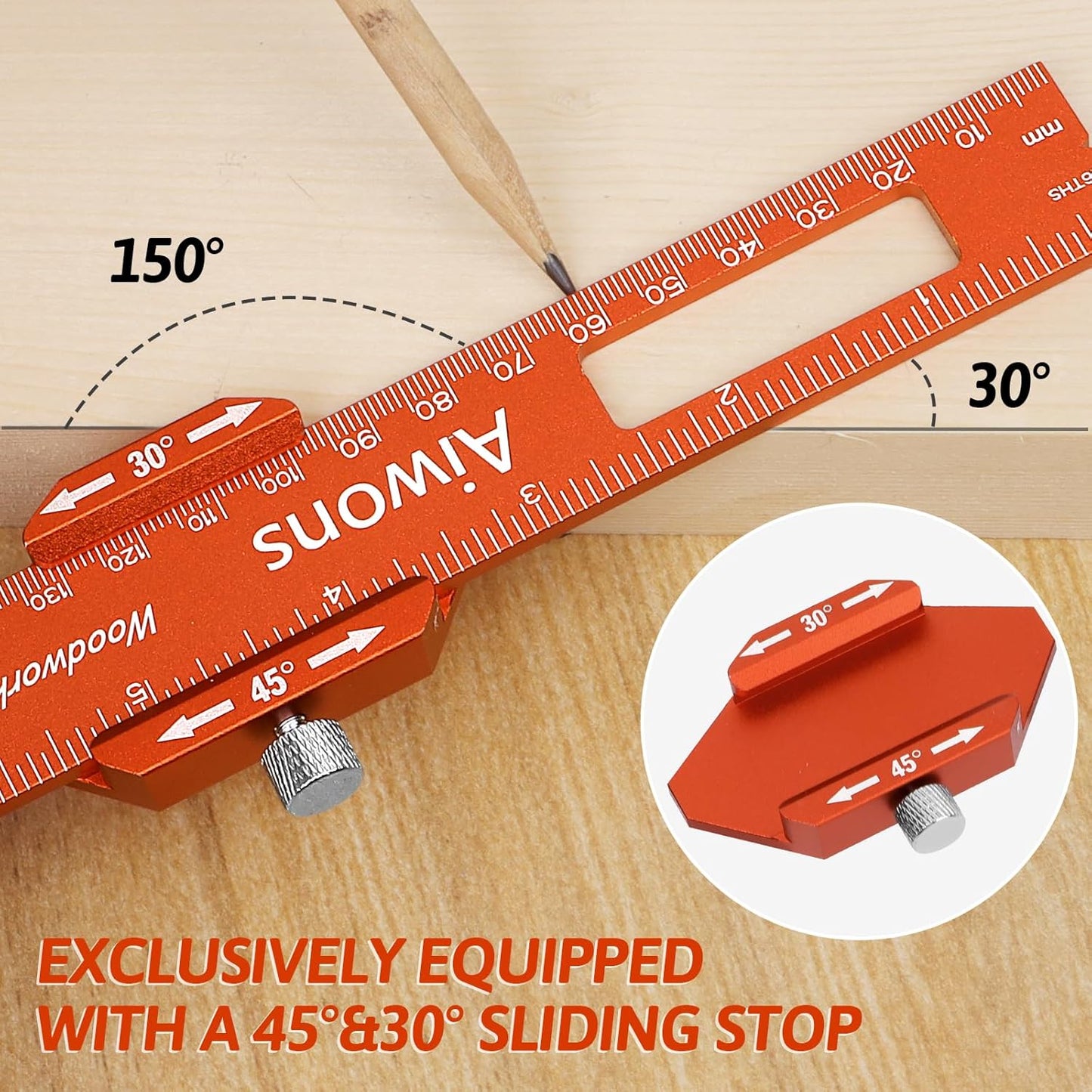 Woodworking Ruler Pocket Rule -12/8/6 Inch Precision Pocket Ruler with 45°& 30°Metal Slide Stop - Wood Marking Ruler Metric Inch Measuring Scribing Rulers - Aluminum Alloy Square Ruler