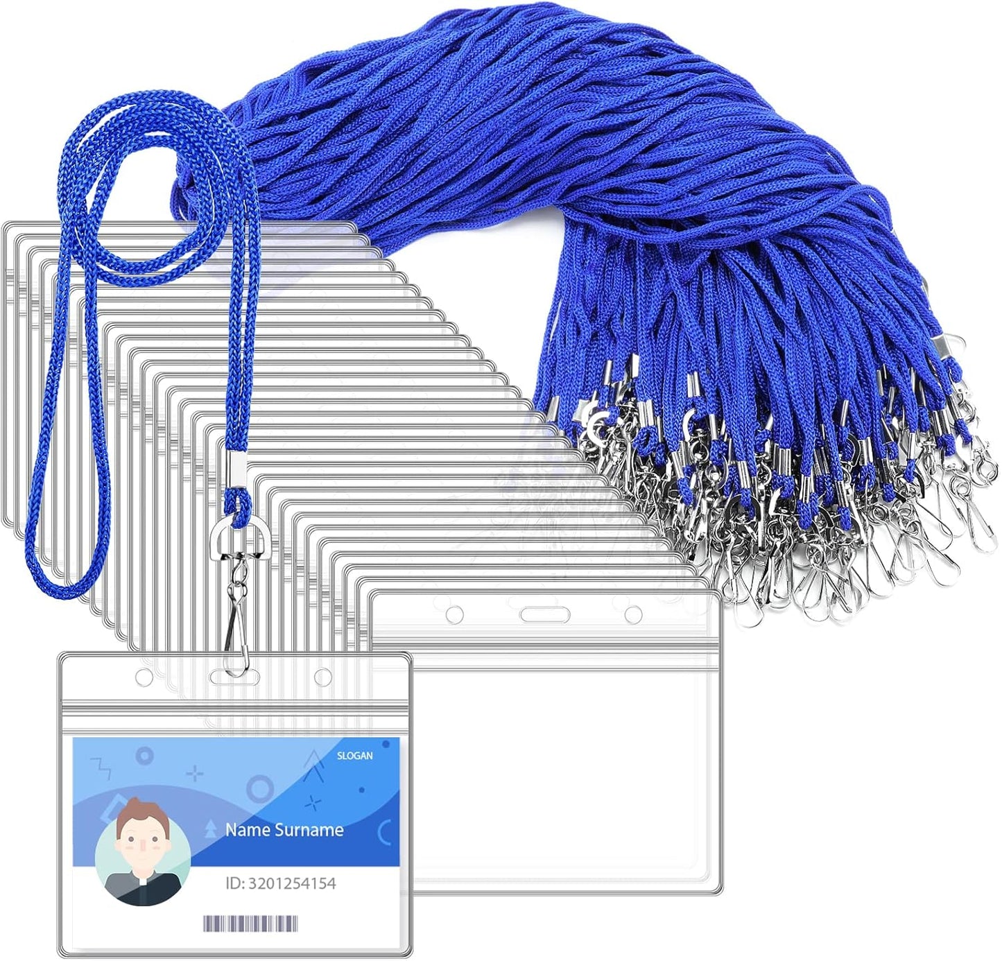 100Pcs Clear Plastic Horizontal Name Tag Badge ID Card Holders and 100Pcs Blue Neck Lanyards with Swivel Hook for School, Office, Business