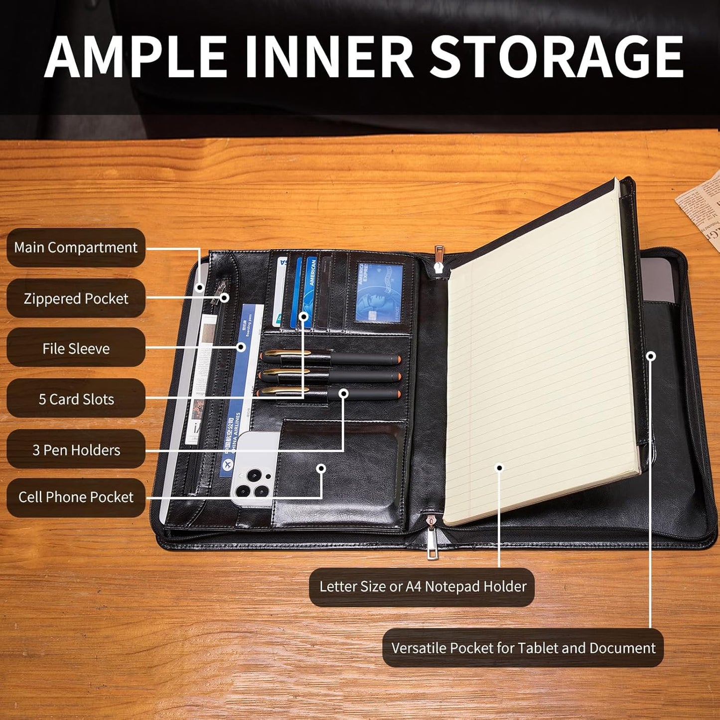 Personalized Vegan Leather Portfolio with Hidden Handle, Front Pocket, Custom Business Padfolio Tablet/13” Laptop Organizer, Professional Executive Document Folio, Black