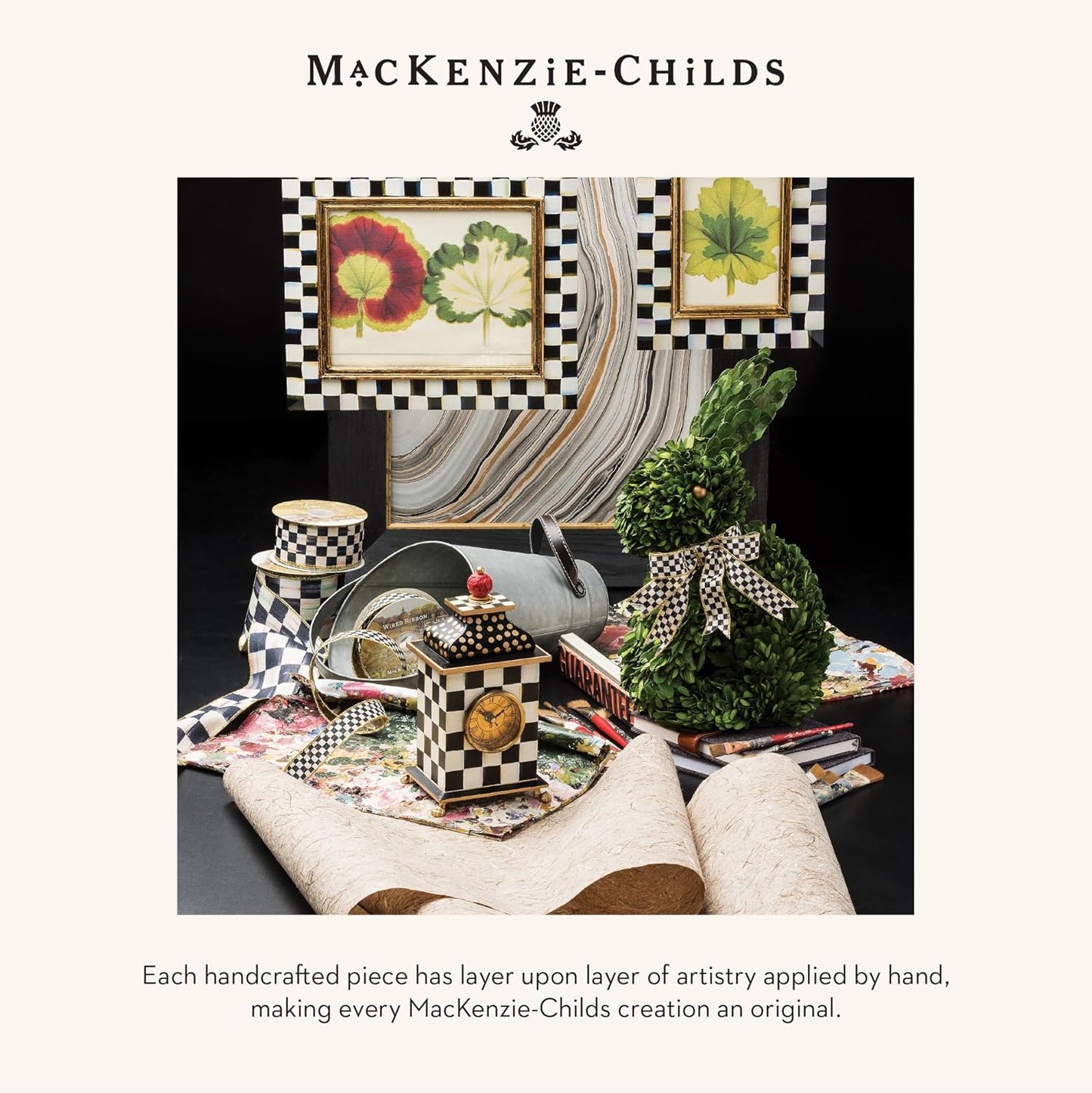 MACKENZIE-CHILDS Desk Clock, Decorative Wood Clock for Kitchen and Living Room, Black-and-White Courtly Check