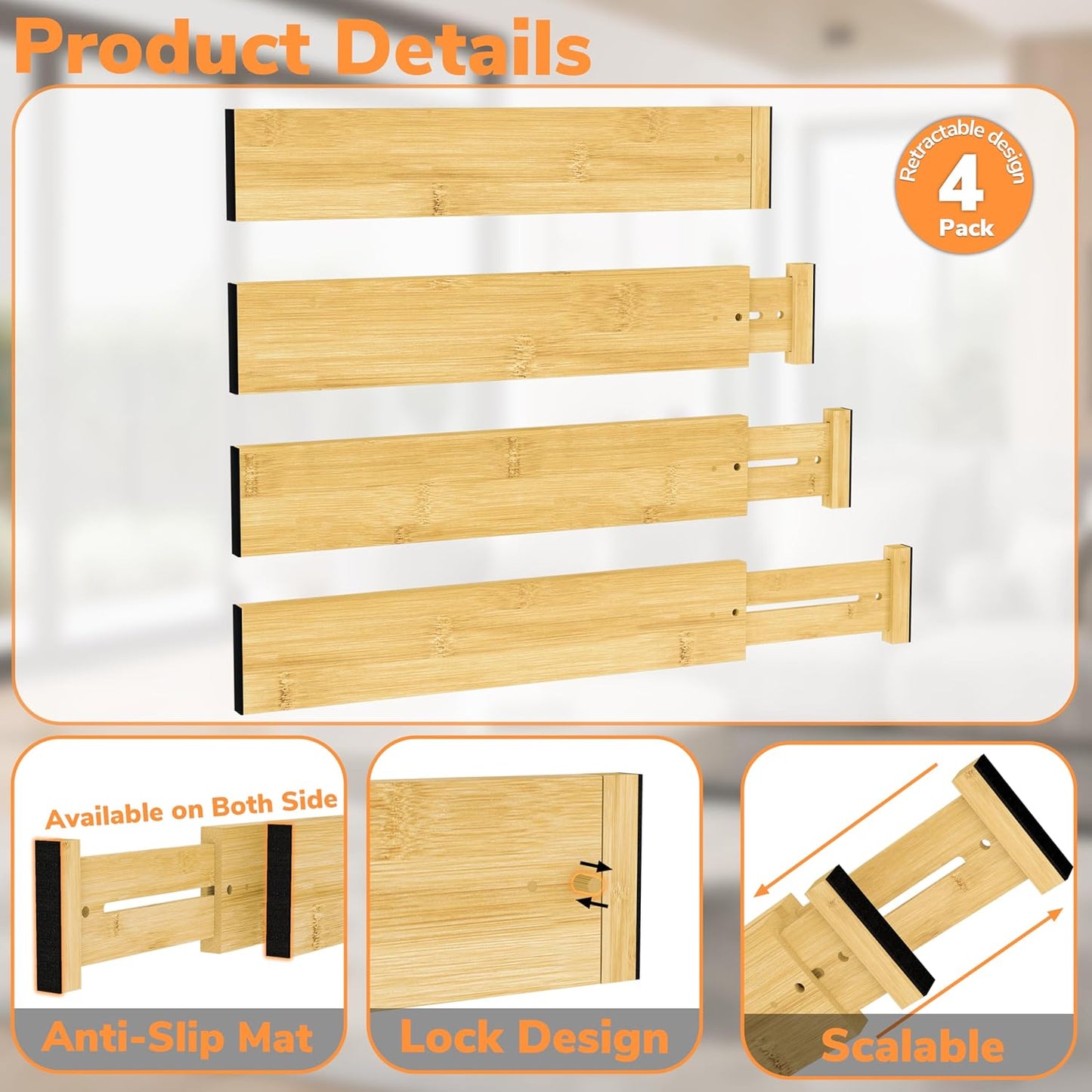 BAMEOS 3" H Bamboo Drawer Dividers - Adjustable Expandable Drawer Organizer - Kitchen, Bathroom, Bedroom & Office, 4-pack