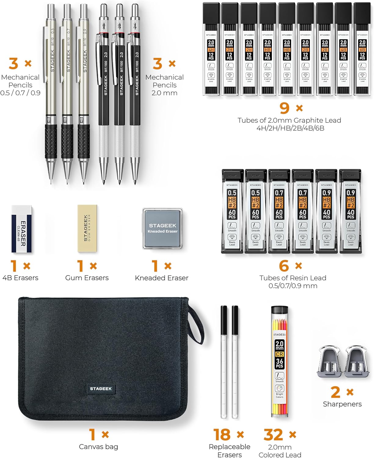 30PCS Mechanical Pencil Set with Canvas Bag, Drawing Pencils 0.5, 0.7, 0.9MM & 3PCS 2MM Sketching Pencil with 464PCS Leads (6B 4B 2B HB 2H 4H Color) for Artist Drafting Drawing Writing