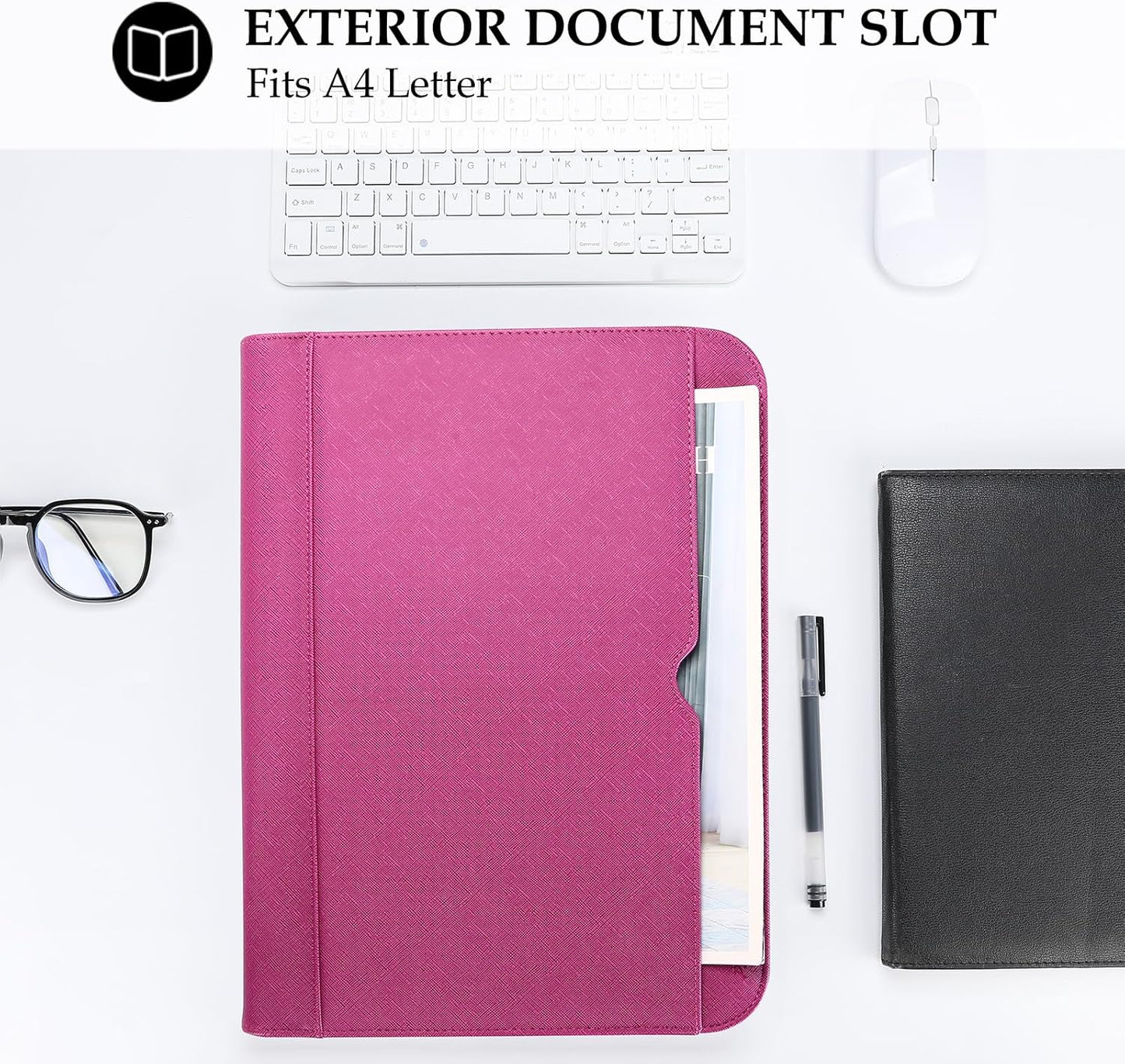 ProCase Portfolio Business Padfolio Folder with Zipper, Conference Meeting Executive File Legal Document Organizer with Pockets Letter Size A4 Writing Pad Notepad Padfolio -Magenta