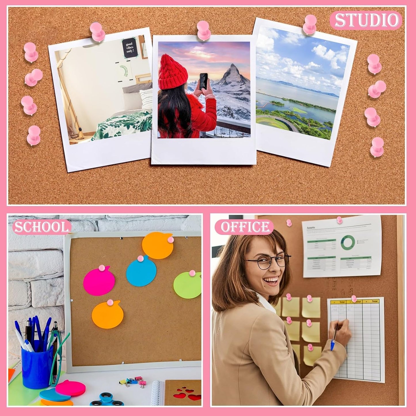 220 Count Pink Push Pins, Standard Plastic Head Steel Point Thumb Tacks Decorative Push Pins for Cork Board Wall Hanging