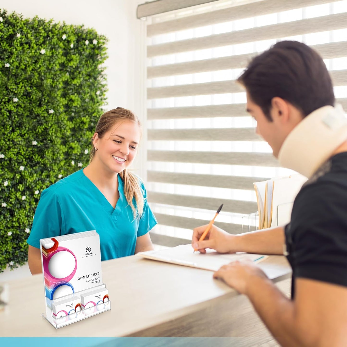 2 Pack Acrylic Flyer Holder 8.5 x 11 Clear Brochure Display Stand with Acrylic and Business Card Holder, Plastic Flyer Display Stand for Magazine, Pamphlet, Booklets, Menu, Journals