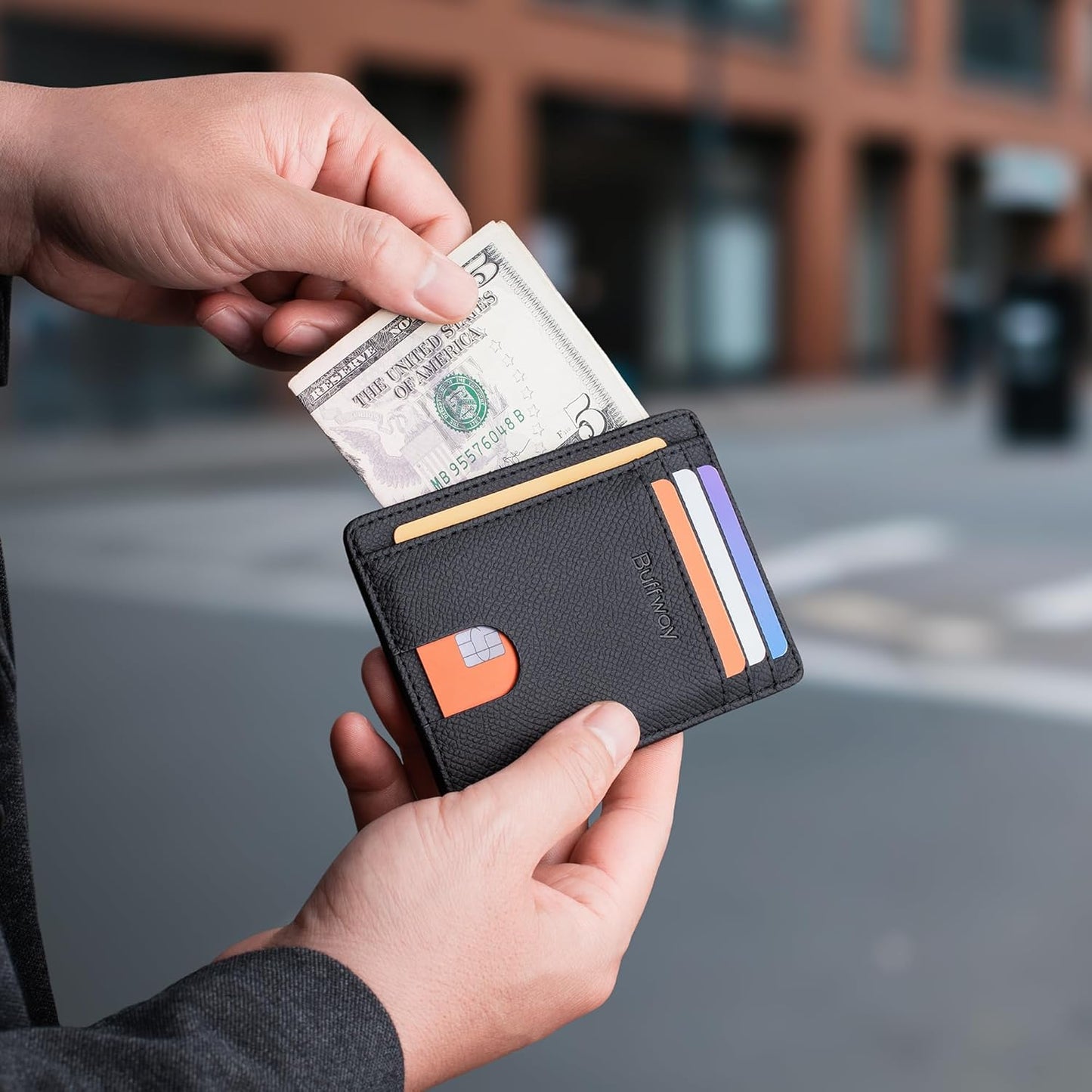 Buffway Slim Minimalist Front Pocket RFID Blocking Leather Wallets for Men and Women - Galaxy Black