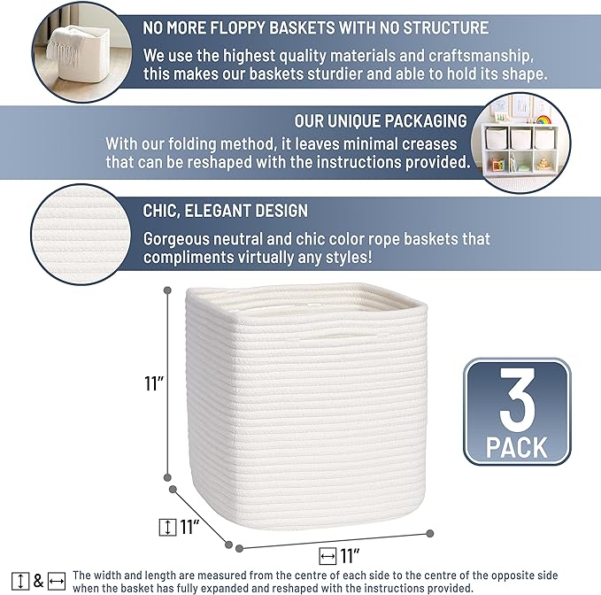 NaturalCozy Storage Cubes 11 Inch Cotton Rope Woven Baskets for Organizing, 3-Pack | Cube Storage Bin | Square Storage Baskets for Shelves Organizer, Classroom, Kids Toy Bins, Closet, Baby Nursery