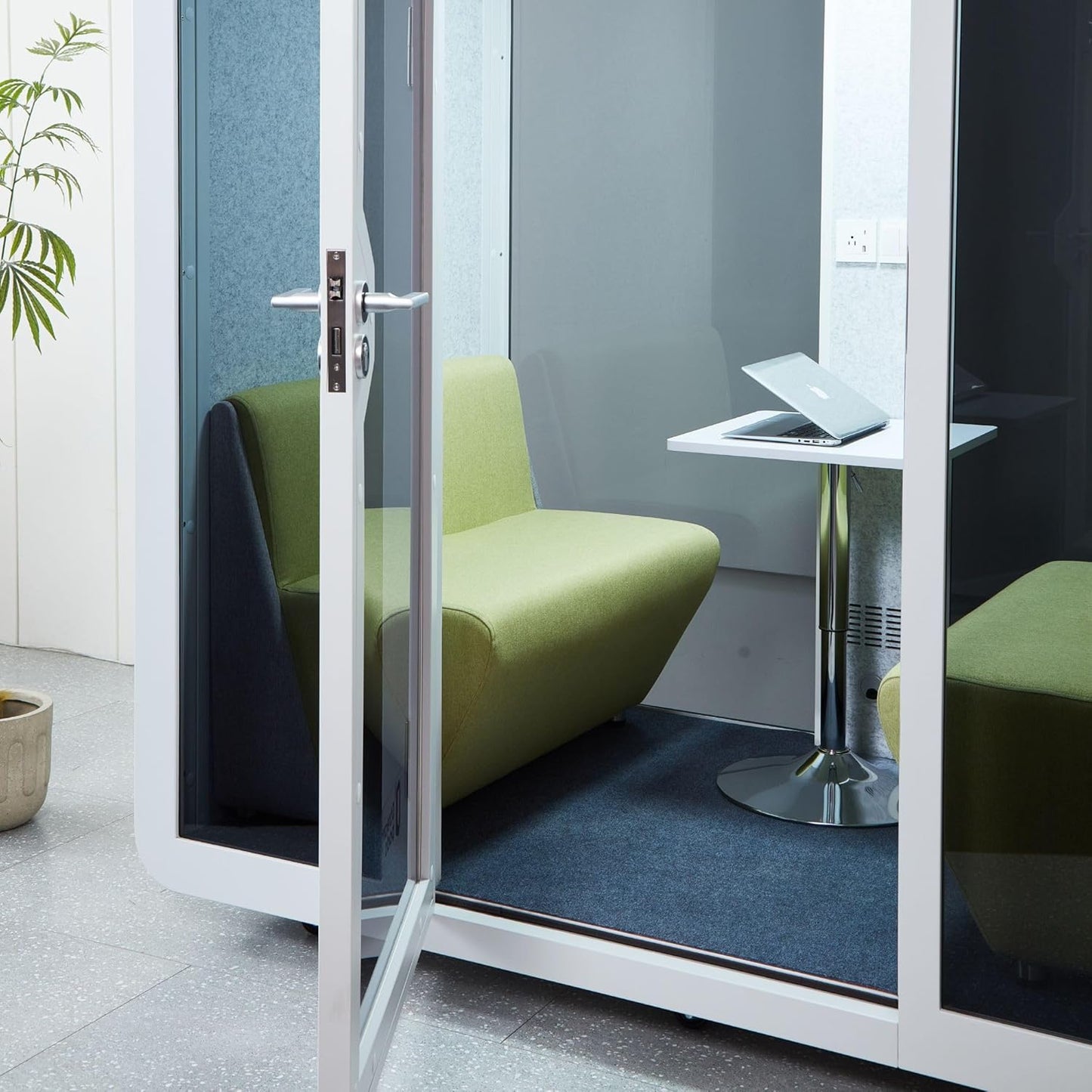 GEARONIC Mobile Office Pod Booth, Sound Proof Office Pod Booth with Mobile Roller, Larger Space for 2-4 People, LED Lighting System,Fans and AC USB Ports(White-Grey)