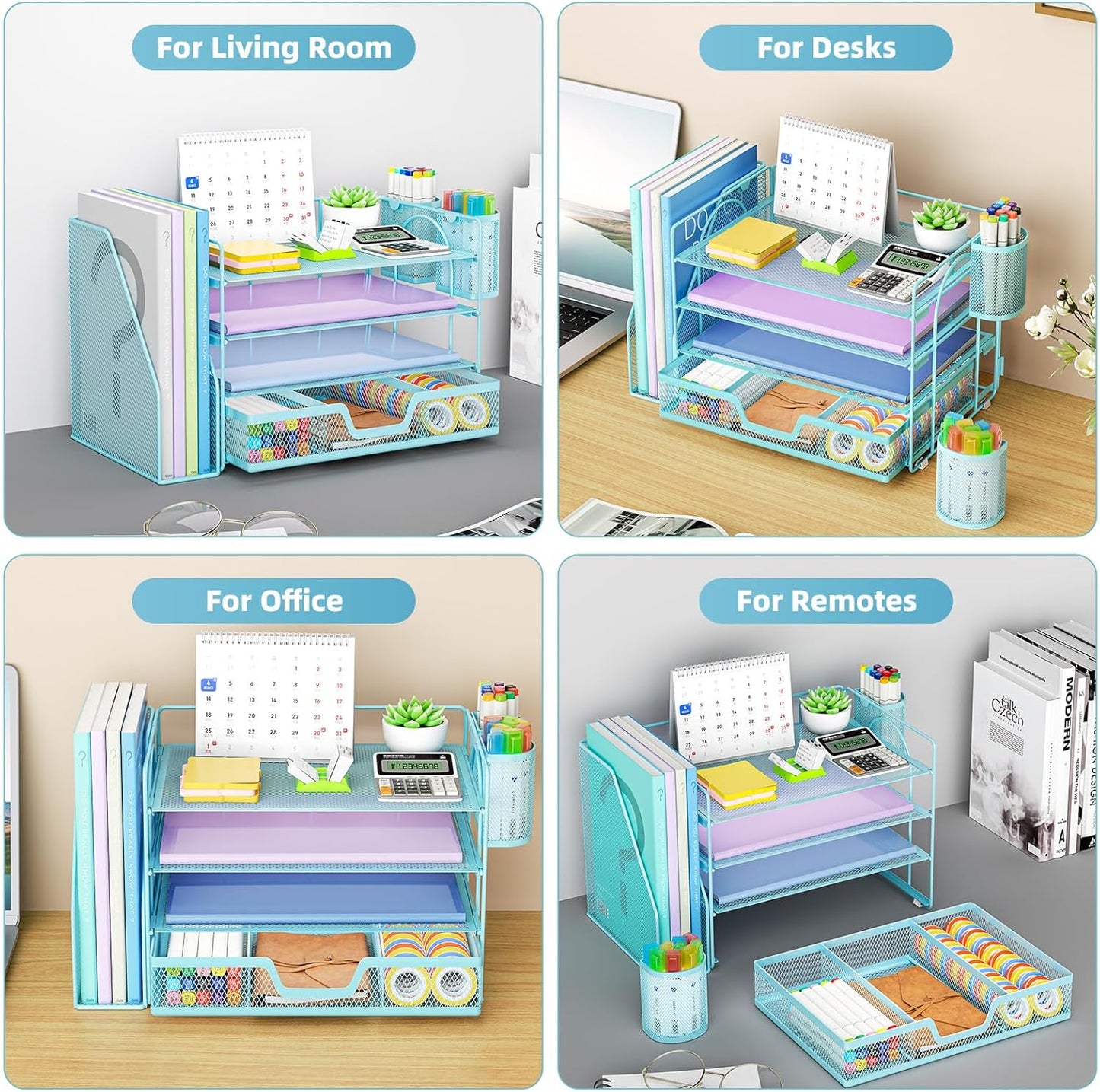 Marbrasse Desk Organizer and Accessories,4-Tier Paper Letter Tray Organizer with File Holder, Desk Accessories & Workspace Organizers with Drawer and 2 Pen Holder (Blue, 15.4" x 9.1" x 8.3")