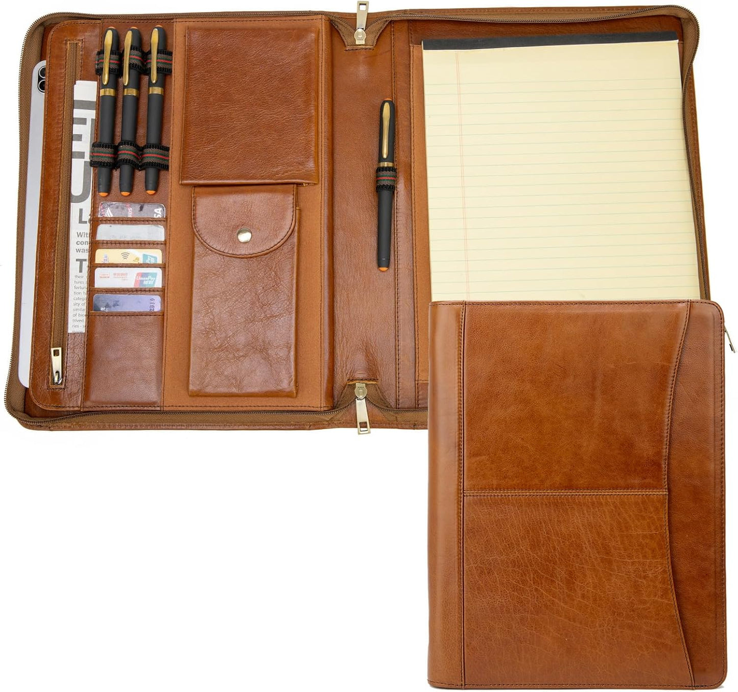 Genuine Leather Portfolio with Front Pocket for Men and Women, Zippered Padfolio Binder 8.5 x 11 Legal Pad Notebook Holder, Fits 13” Laptop, Professional Work File Case, Brown, Oil Tanned