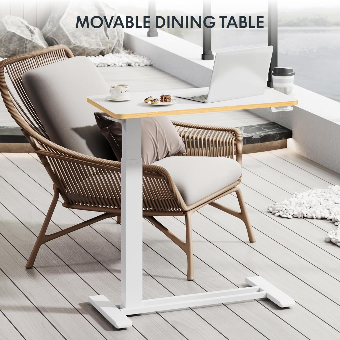 FLEXISPOT Mobile Standing Desk with Wheels Pneumatic Laptop Desk Rolling Computer Cart Movable Height Adjustable Small Sit Stand Desk Computer Workstations Home Use(27.6" W x 15.7" D,White+Maple