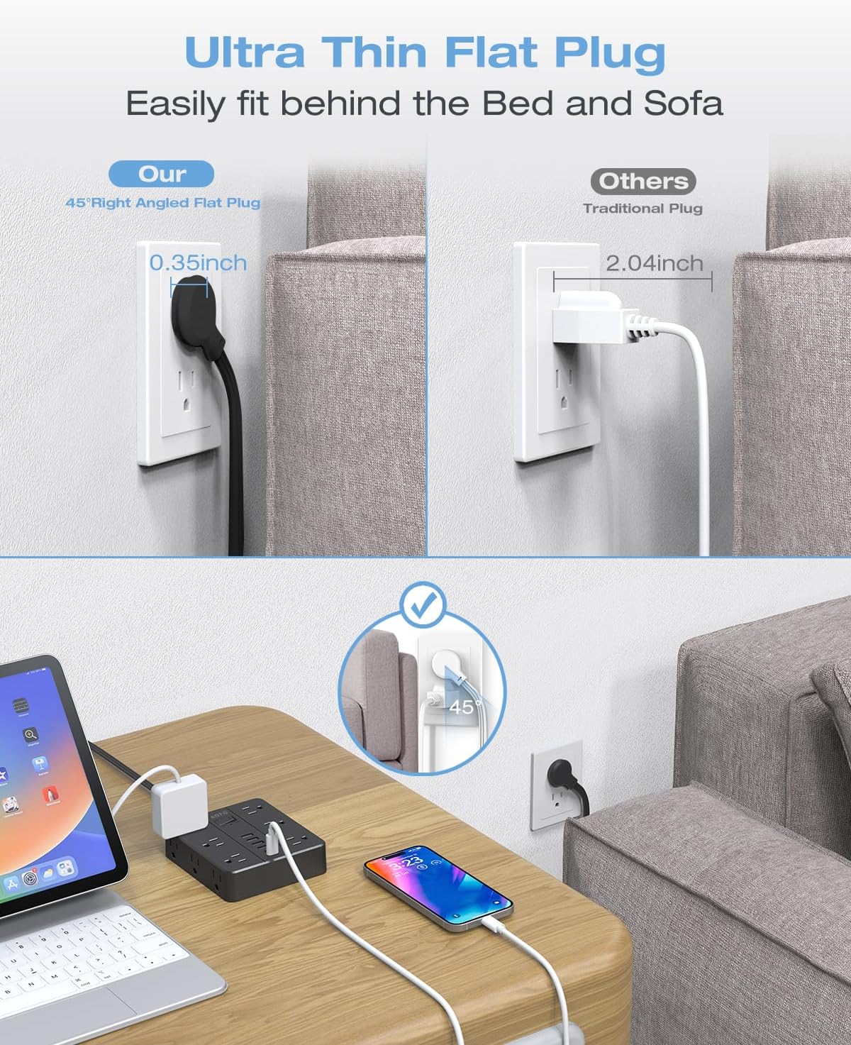 25FT Surge Protector Power Strip,12 AC Outlets with 6 USB Ports (2 USB-C), Flat Plug Extension Cord with Multiple Outlets, Wall Mount for Home Office,Dorm, Black