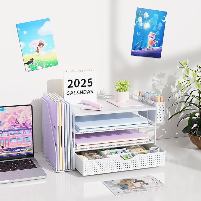 gianotter Wood Desk Organizers and Accessories with File Holder, 4-Tier Desk Accessories & Workspace Organizers with Drawer and Pen Holder, Paper Organizer for Office Supplies (White)