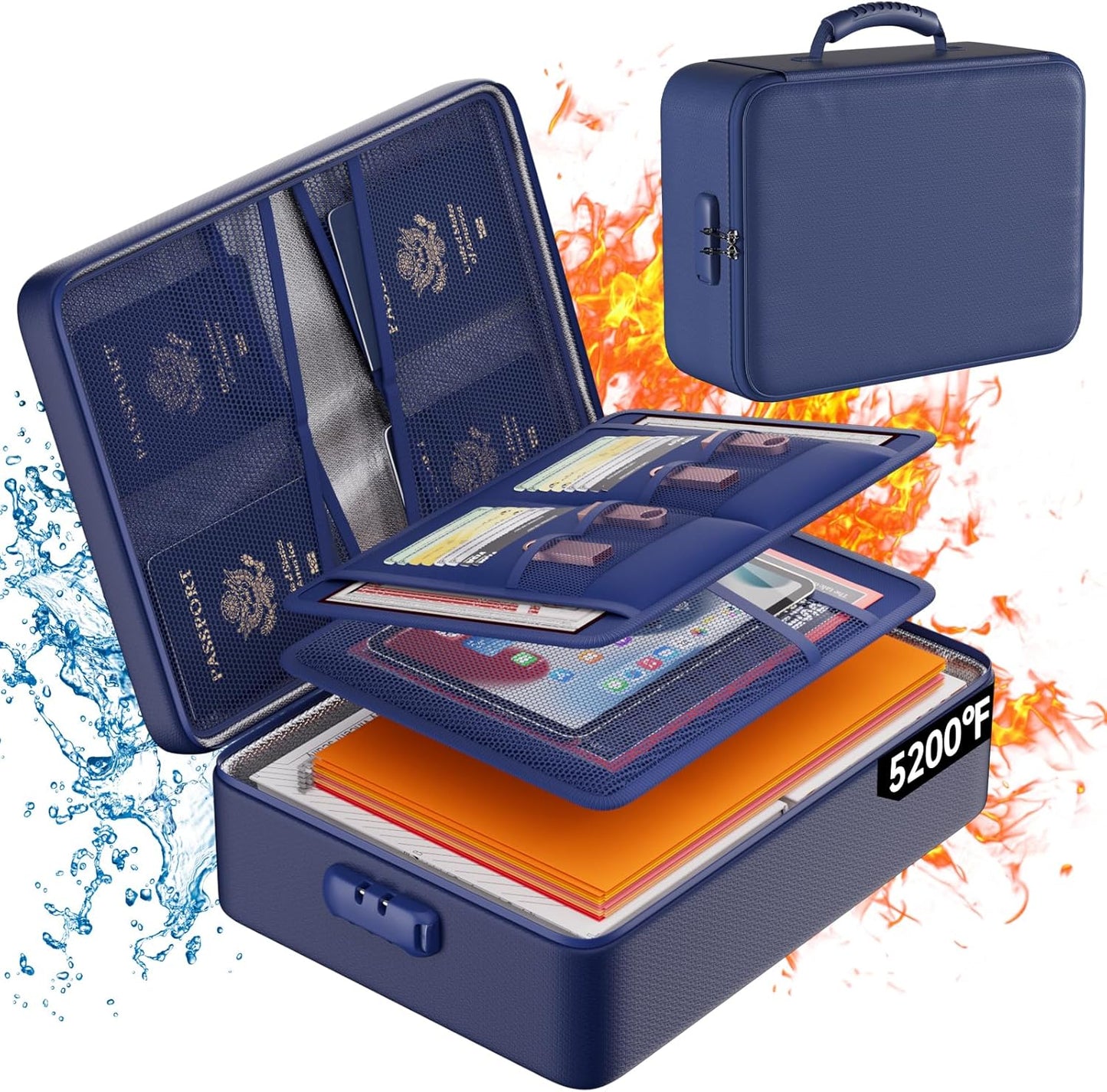 DocSafe 5200°F Document Organizer with Lock,Upgraded Heat Insulated Fireproof&Waterproof Box 8 Layers File Organizer,Portable Home Travel Safe Storage for Important Documents, Files,Blue (Soft)