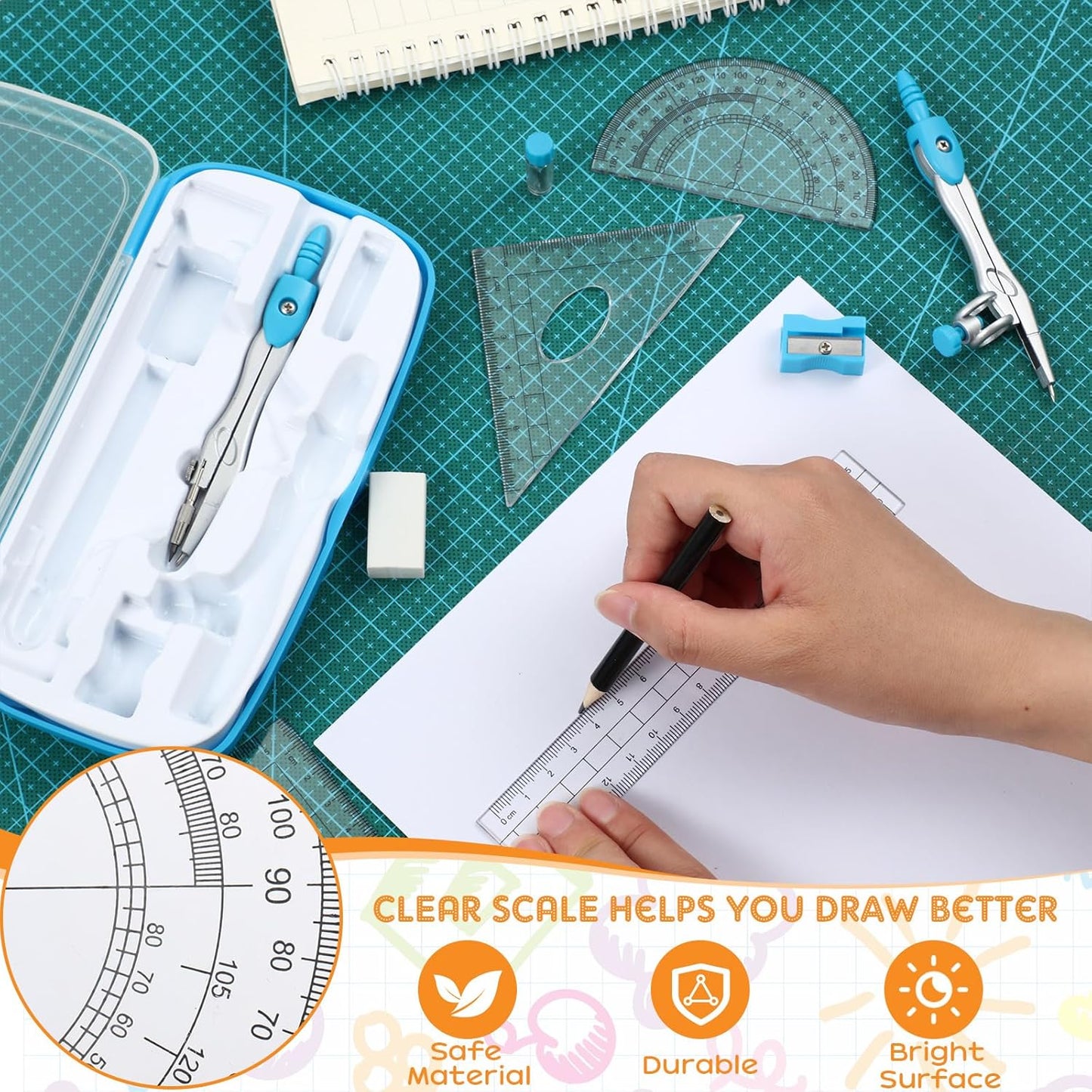 Teling 12 Sets Math Geometry Kit for Students 10 Pcs Compass Geometry Tools Set Includes Rulers Protractor Compass Eraser Pencil Sharpener Lead Refills Pencil (Colorful)