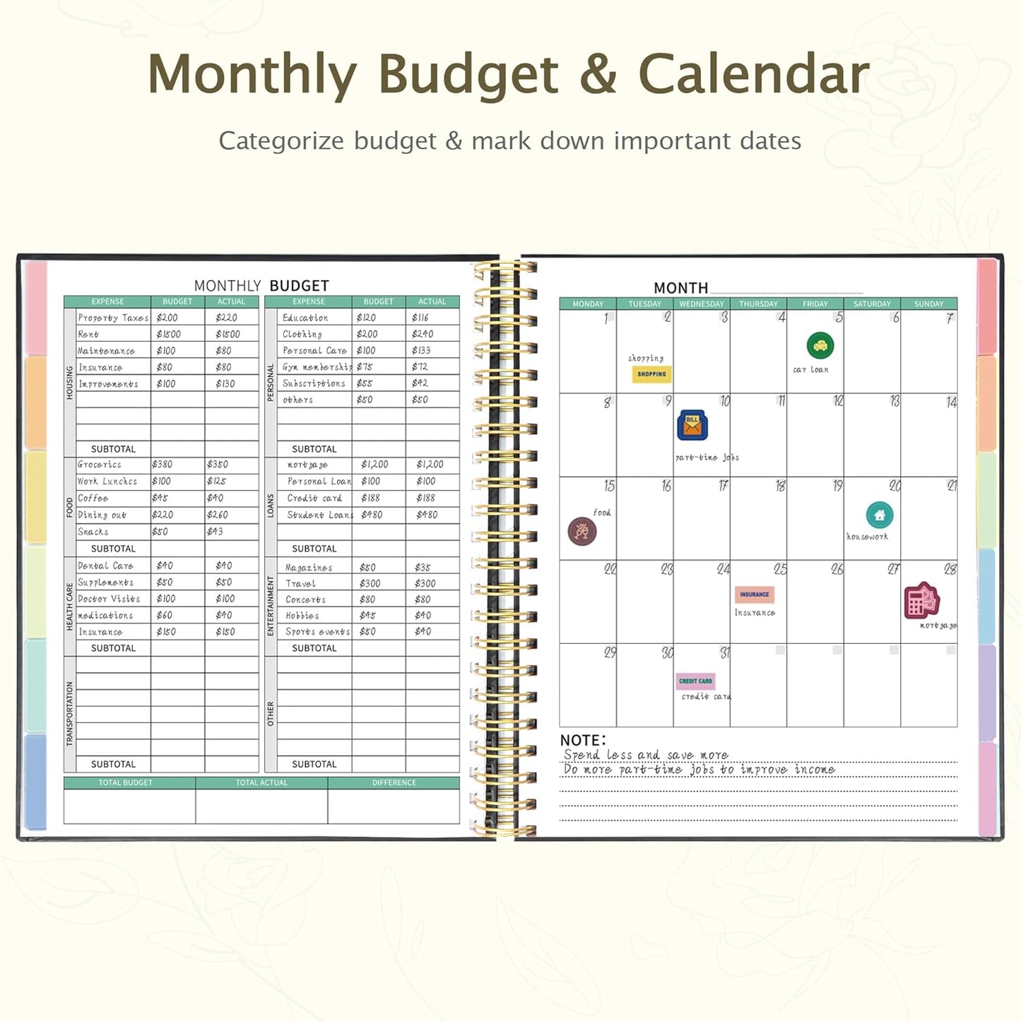 Ospelelf Budget Planner - Monthly Budget Book with Expense Tracker Notebook, Undated 12 Month Bill Organizer & Finance Planner, A4 Account Book with 12 Index Pockets, Zipper Pouch, Stickers(Black)