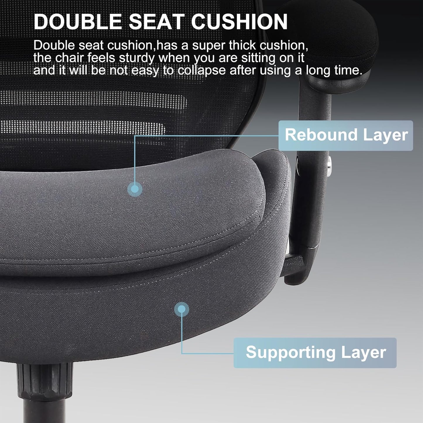 400lbs Ergonomic Office Chair with Double Seat Cushion and Soft Armrests for Executive Computer Desk with Built-in Lumbar Support (Black)