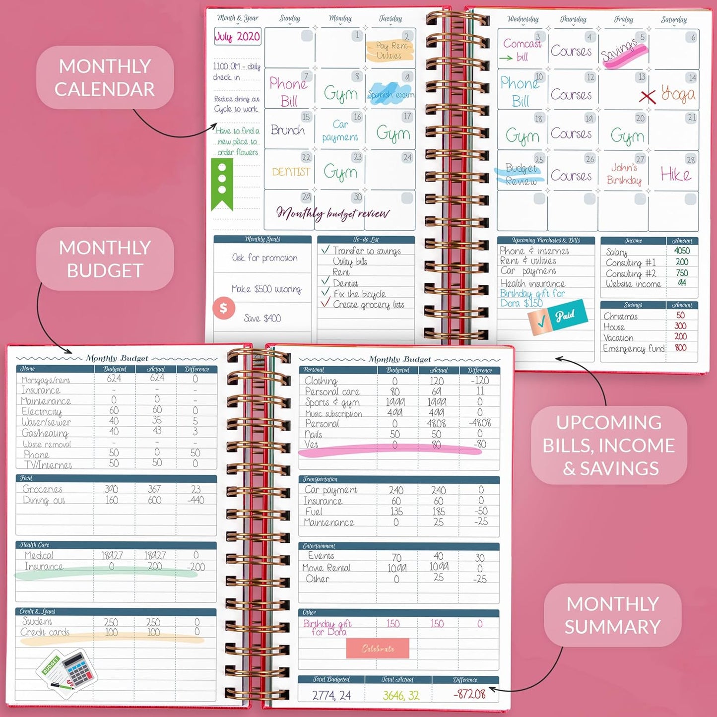 GoGirl Budget Planner & Monthly Bill Organizer – Monthly Financial Book with Pockets. Expense Tracker Notebook Journal, Compact (Hot Pink)