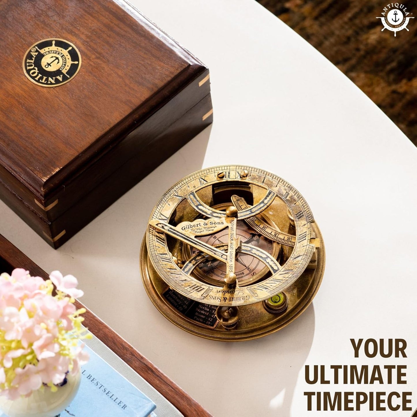 Antique Look Brass Vintage Sundial Compass with Wooden Box, Fully Functional Nautical Home Decor Ship Navigation Sailor Sundial Clock, Gift Item J.H.Steward Ltd. Strand London with Chart