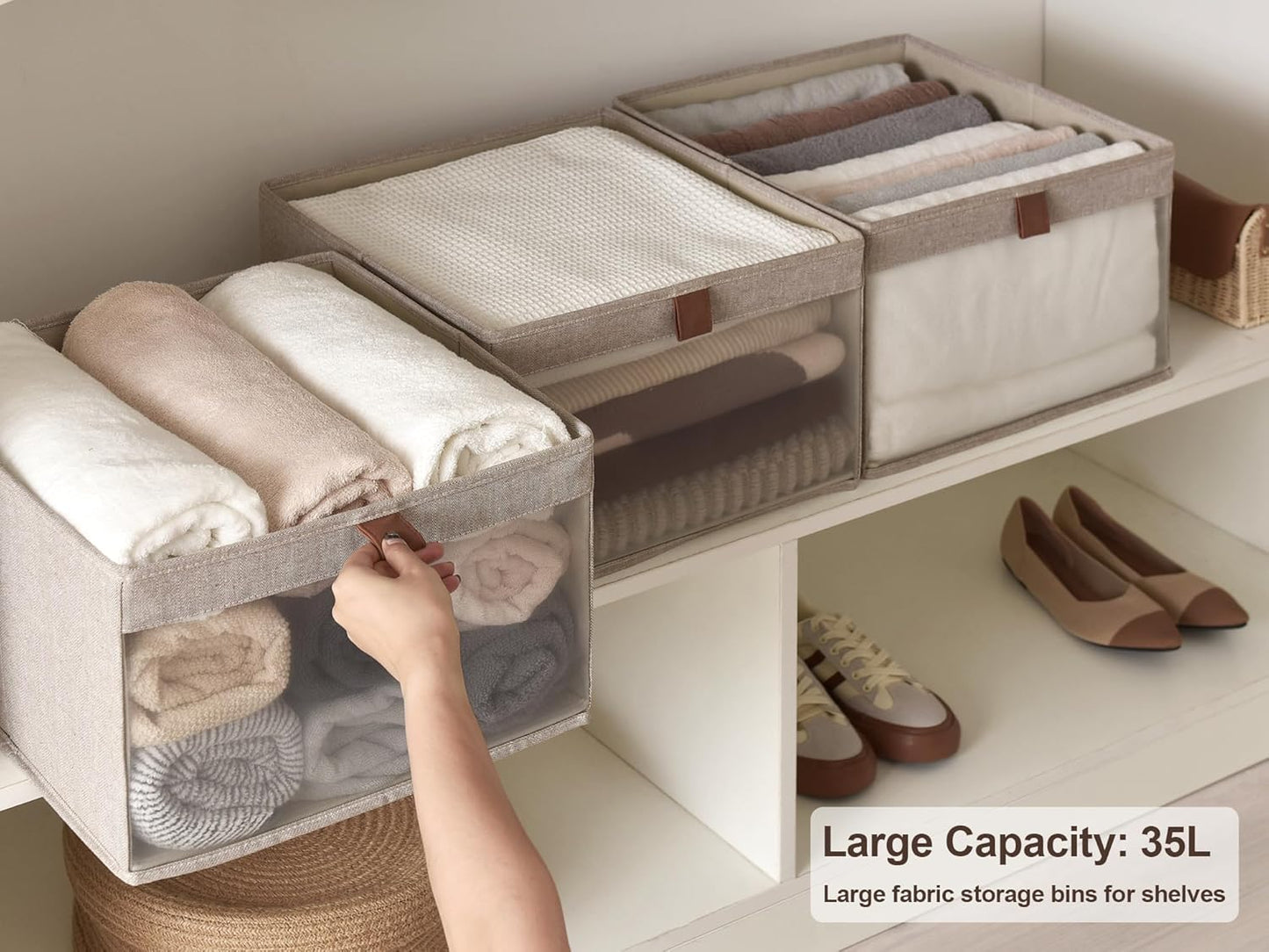 StorageWorks Closet Storage Bins, Large Storage Baskets with Clear Window and Handles, Foldable Fabric Organizer for Clothes, Shelves, Brown and Beige, 3 Pack
