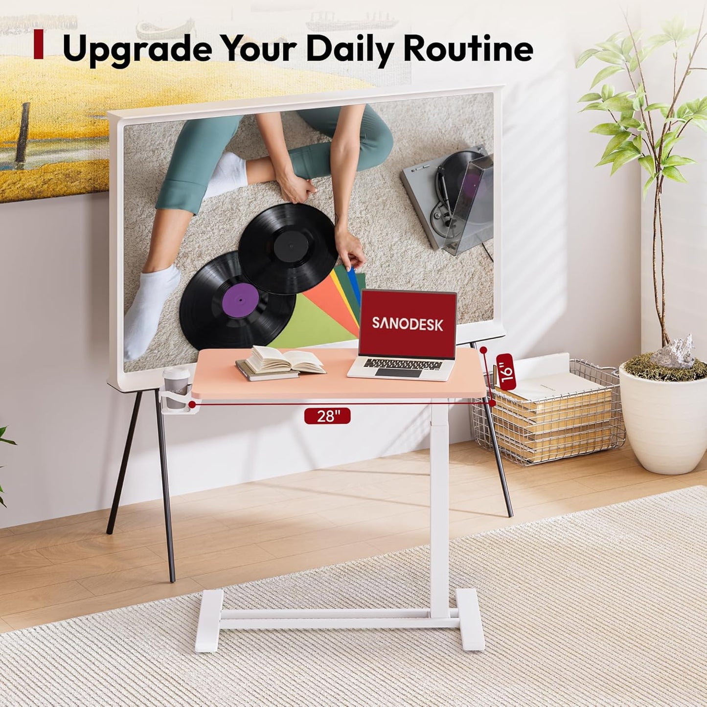 SANODESK Mobile Standing Desk with Hidden Wheels,Pneumatic Laptop Desk Rolling Computer Cart Movable Height Adjustable Small Sit Stand Desk for Home Office(27.6" W x 15.7" D, Pink)