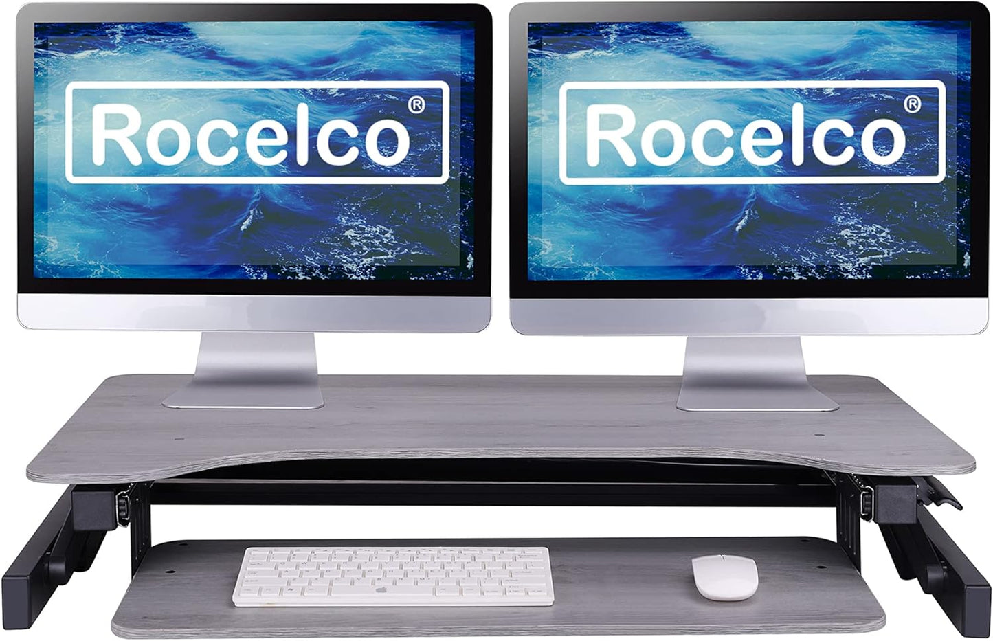Rocelco 37.5" Height Adjustable Standing Desk Converter with Anti Fatigue Mat Bundle - Slide Out Retractable Keyboard Tray - Sit Stand Dual Monitor Riser - Computer Workstation - Gray (R DADRG-MAFM)