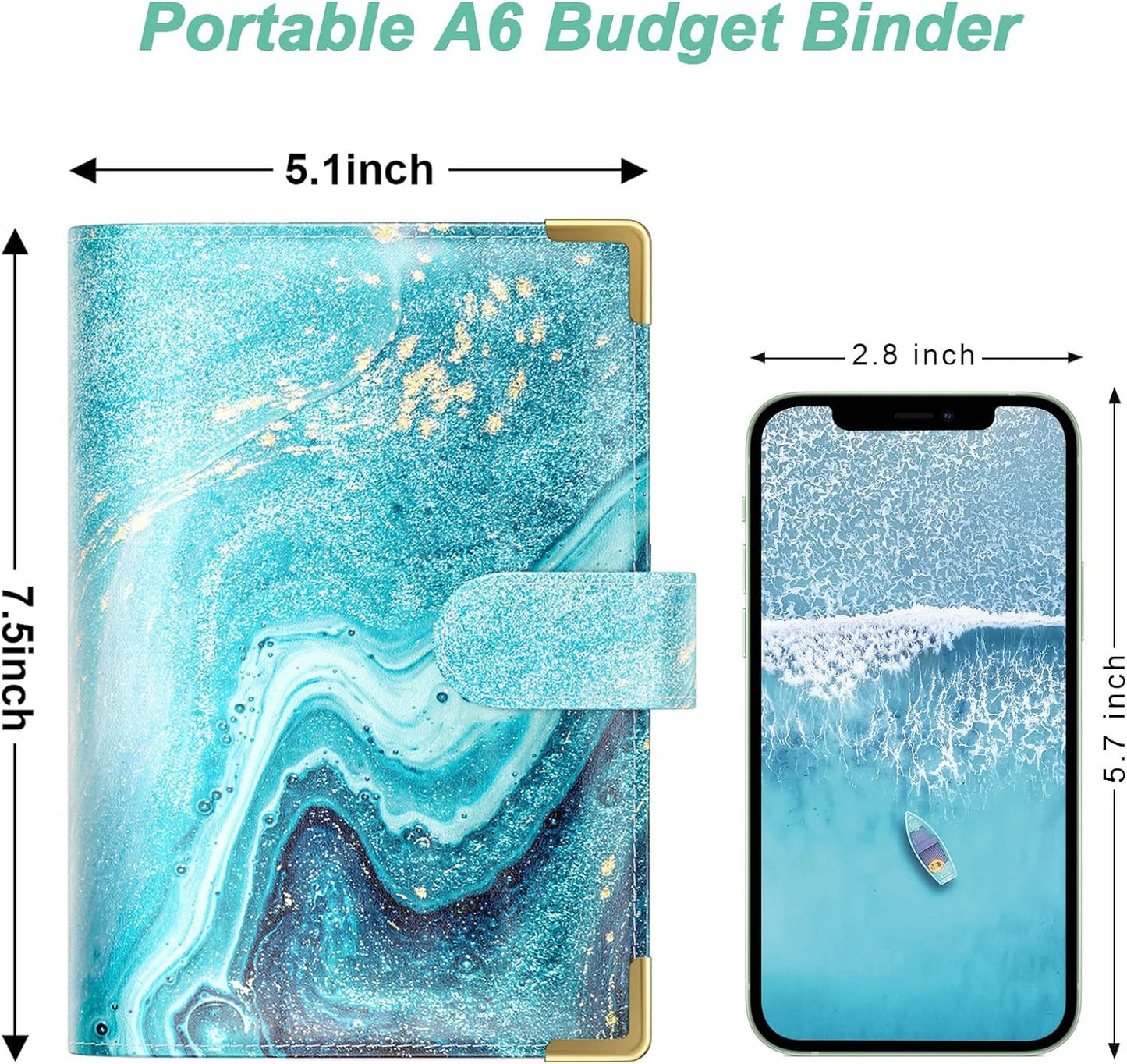 Rnivvi Budget Binder with Zipper Envelopes, A6 Money Saving Binder Cash Envelopes for Budgeting, PU Leather Planner Money Organizer for Cash Bills, Cute Marble System Wallet for Women, Ocean Blue