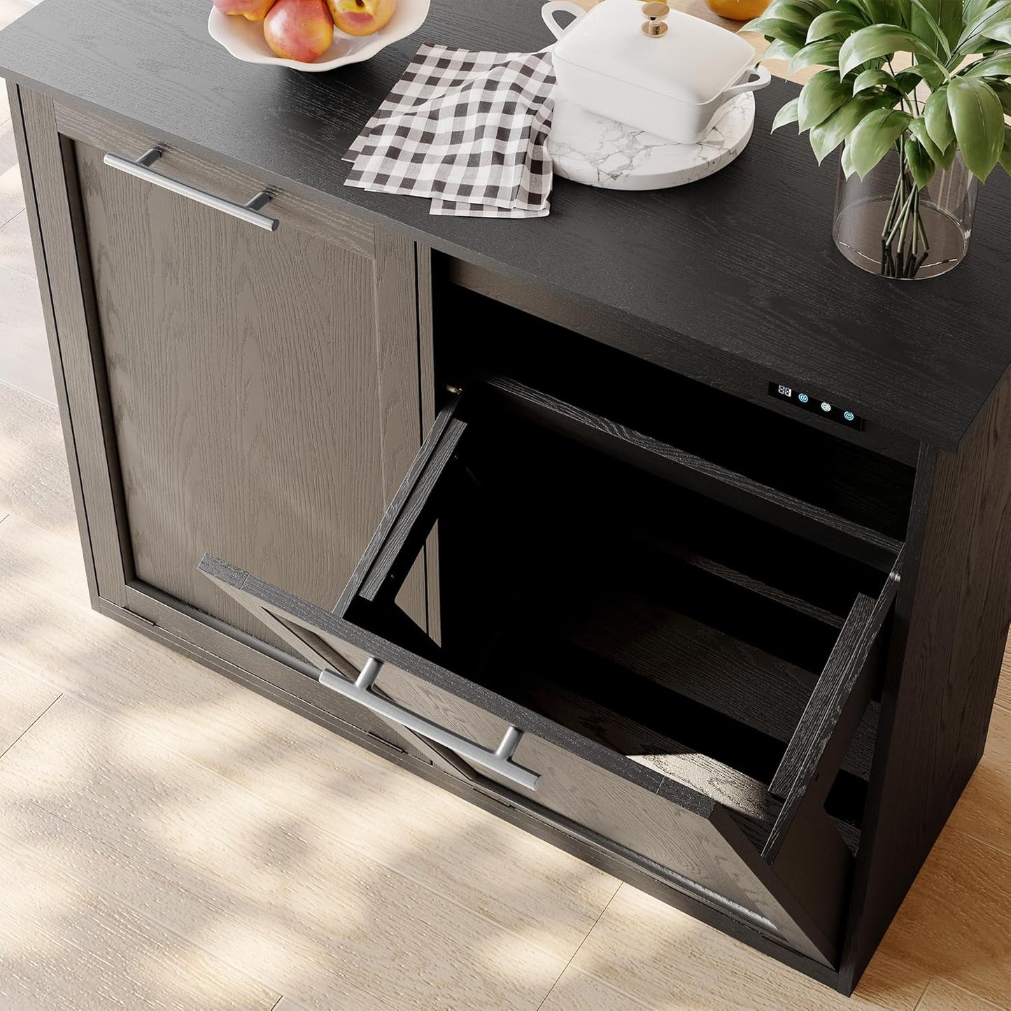 OLD CAPTAIN Tilt Out Trash Cabinet with Quick Installation and Deodorising Function, Wooden Freestanding Trash Can Cabinet Holds Up to 2x13 Gallons Capacity for Kitchen and Dining Room, Pure Black