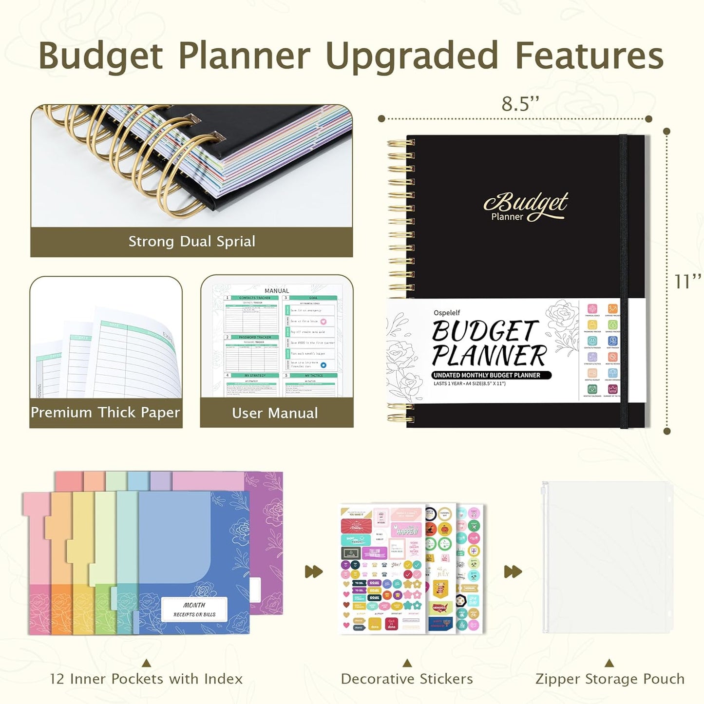 Ospelelf Budget Planner - Monthly Budget Book with Expense Tracker Notebook, Undated 12 Month Bill Organizer & Finance Planner, A4 Account Book with 12 Index Pockets, Zipper Pouch, Stickers(Black)